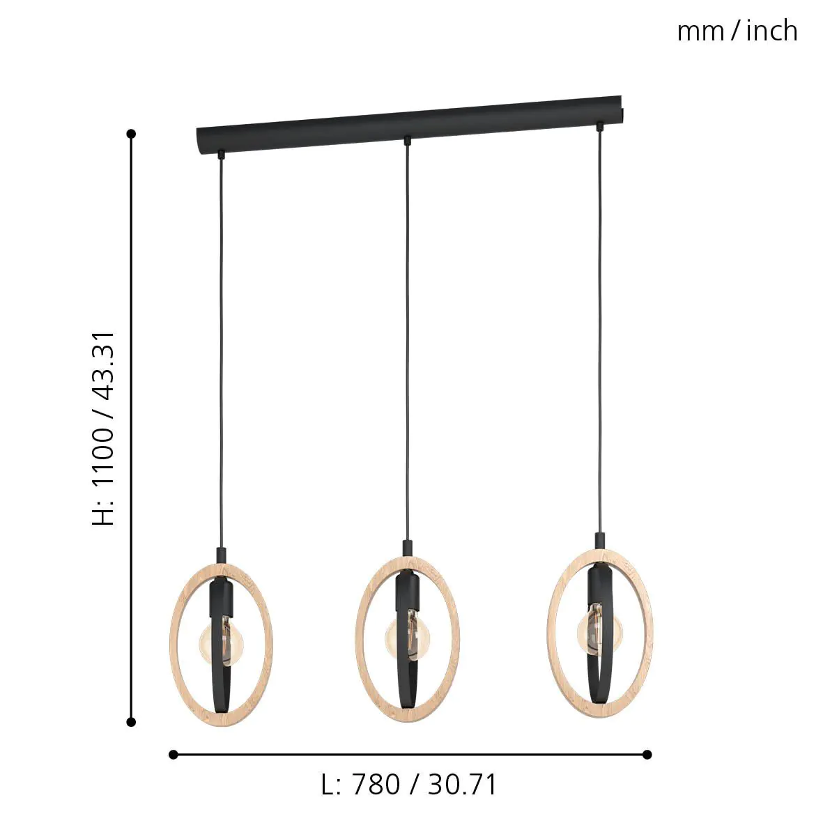 Eglo 3er Pendelleuchte Basildon schwarz-braun 78 x 16 cm E27, max. 60 W Eglo 3er Pendelleuchte Basildon schwarz-braun 78 x 16 cm E27, max. 60 W