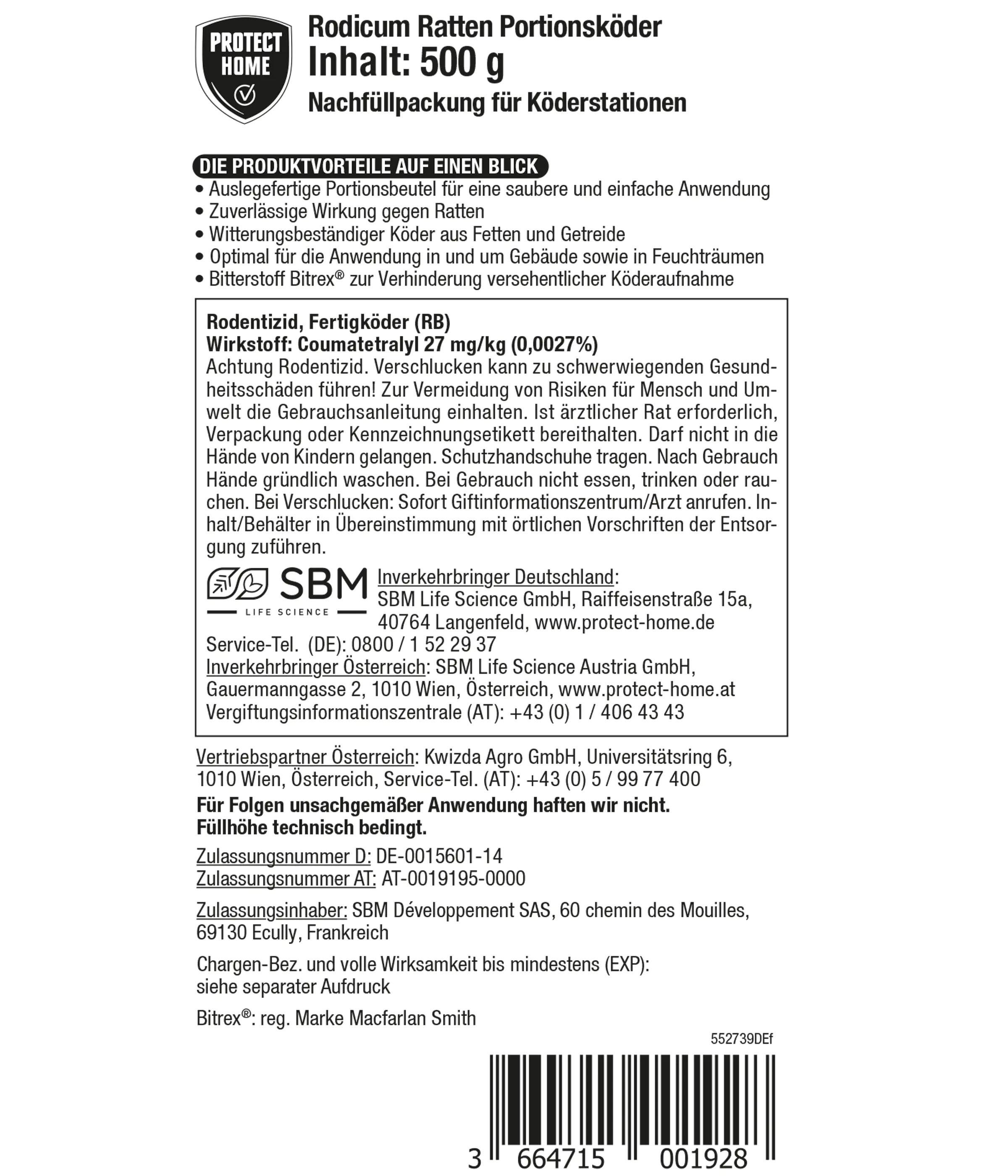 Protect Home Rodicum Ratten Portionsköder 500 g