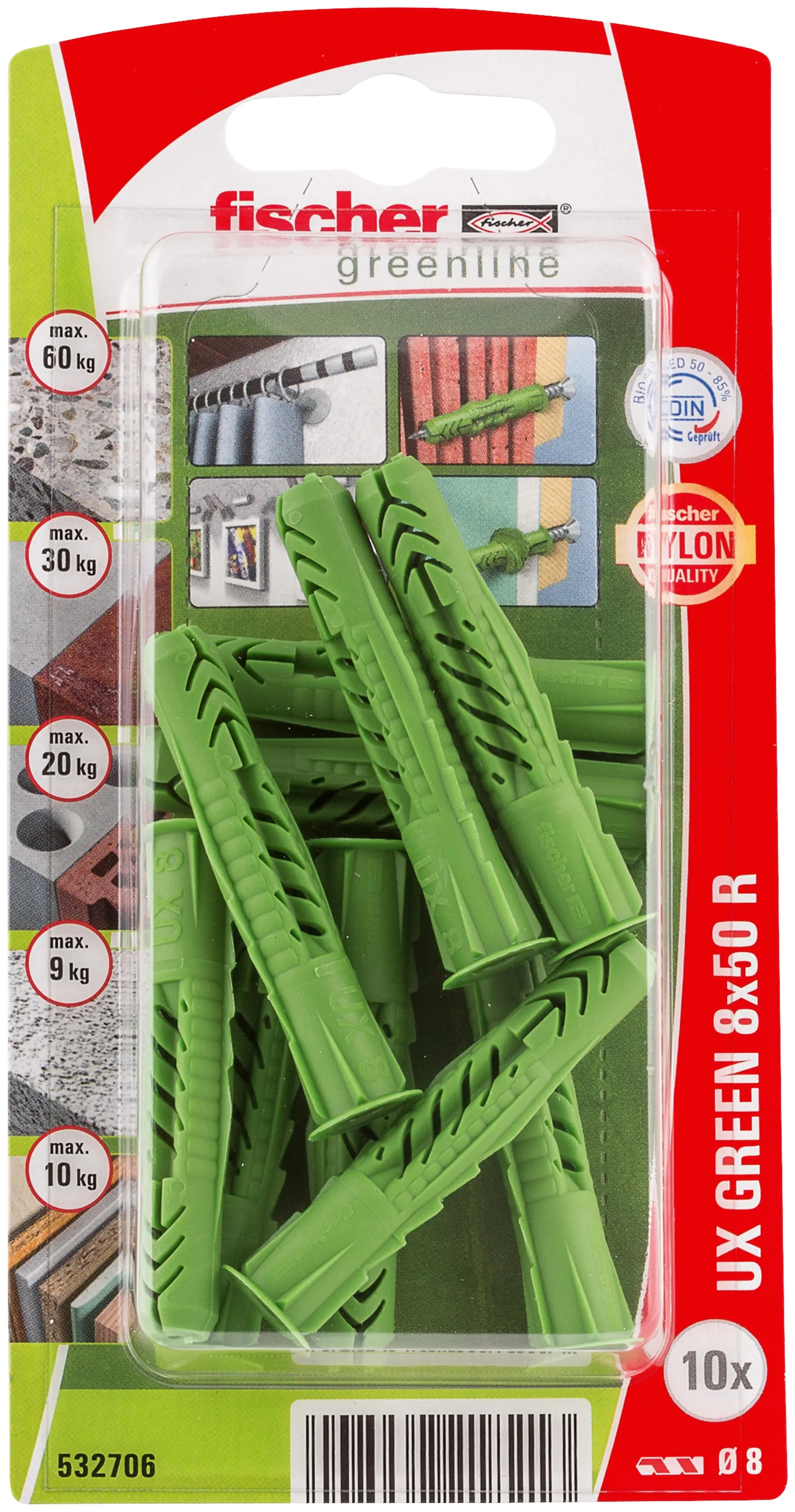 Fischer Universaldübel UX Green R 8 x 50 mm mit Rand - 10 Stück