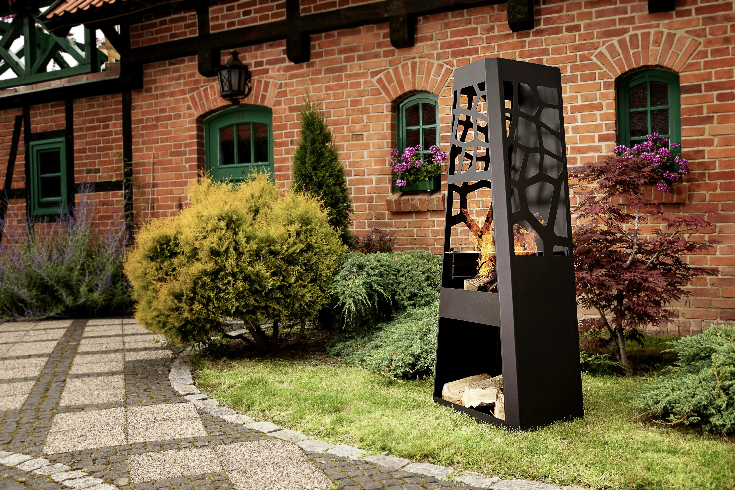 Dobar Metall-Gartenkamin mit Grillrost schwarz 57,5 x 38 x 148 cm