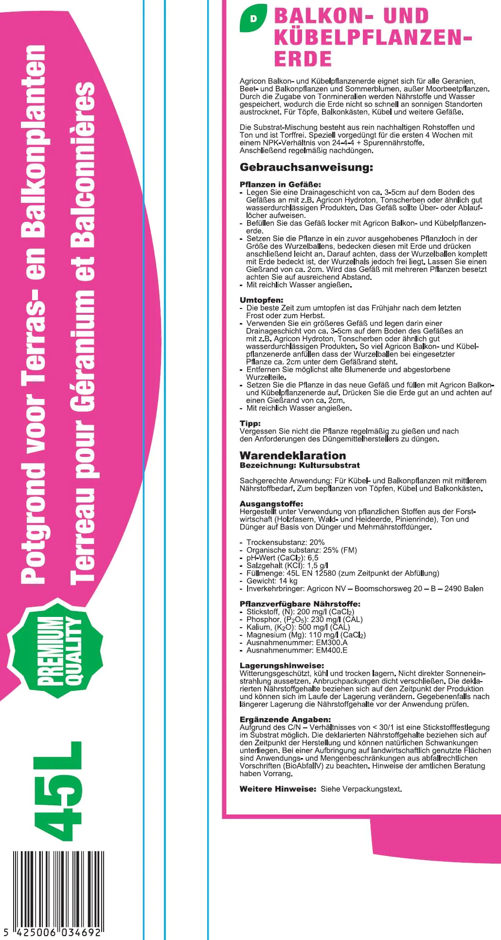 Agricon Balkon- und Kübelpflanzerde 45 Liter torffrei Agricon Balkon- und Kübelpflanzerde 45 Liter torffrei