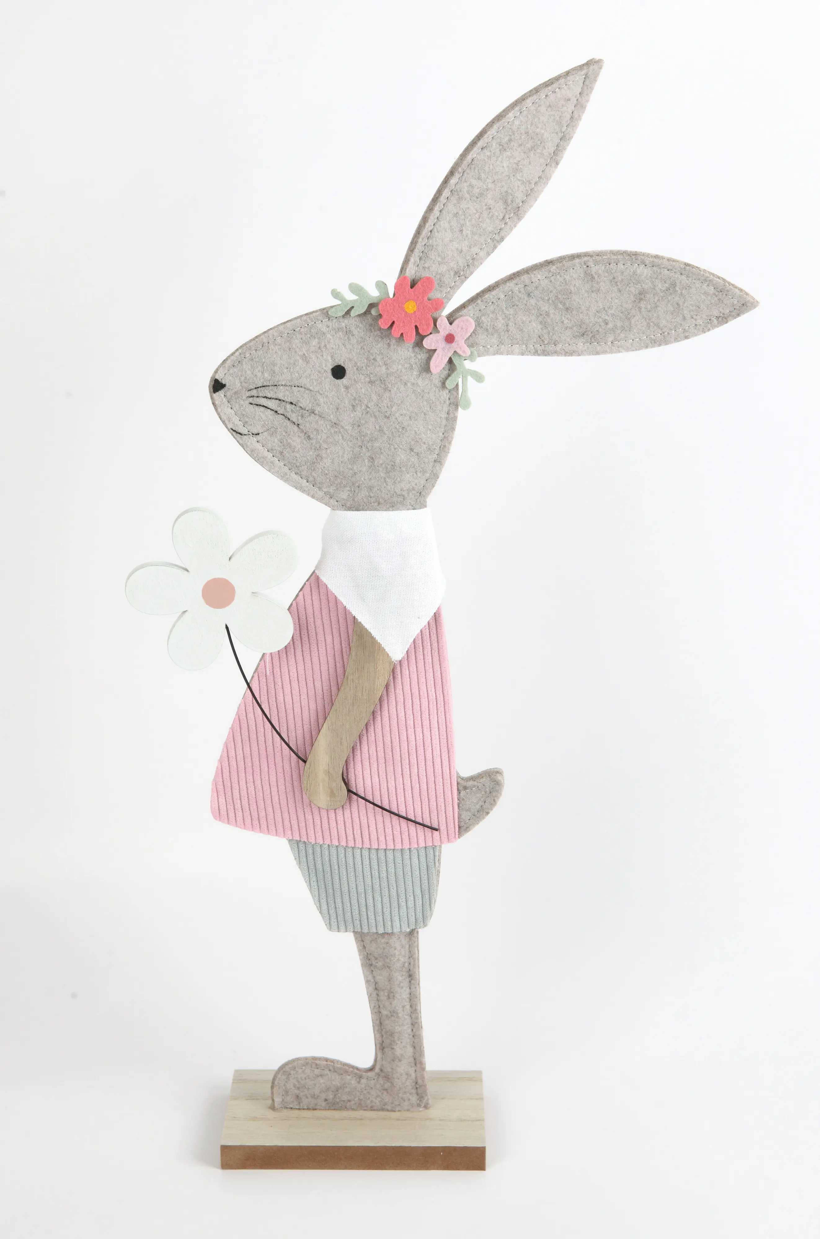 TrendLine Aufsteller Holz Hase mit Blume 49 x 7 x 25 cm grau-pink