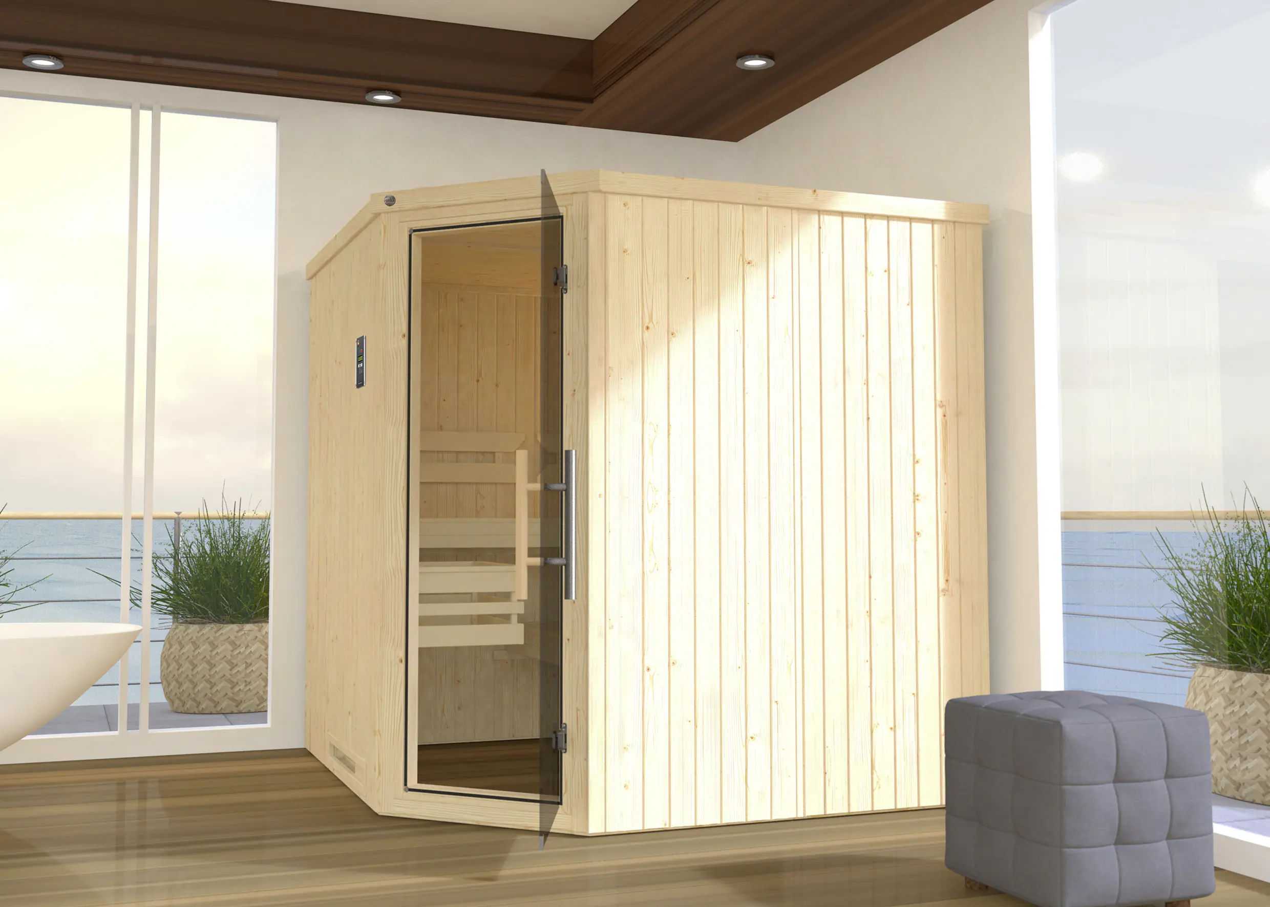 Weka Element-Ecksauna Varberg 3 GT OS mit Glastür