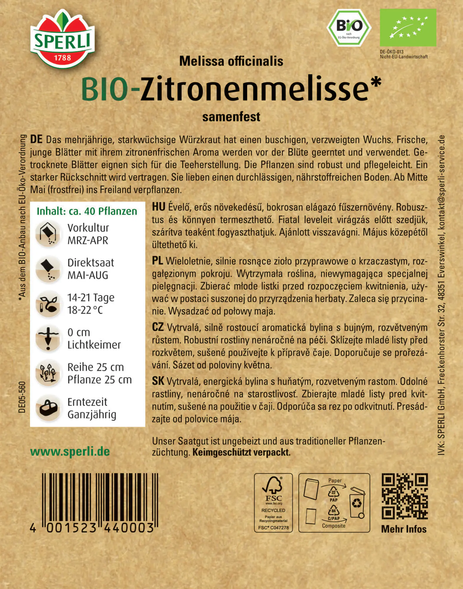 Sperli BIO Zitronenmelisse