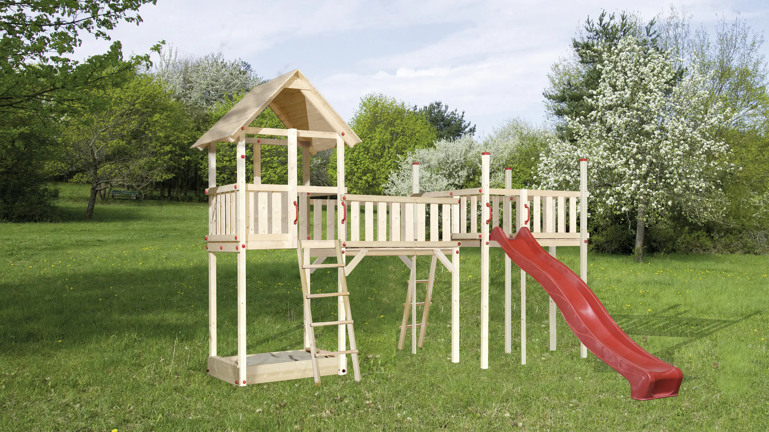 Weka Spiellandschaft 816 450 x 160 cm mit Turm, Brücke, Sandkasten, Rutsche