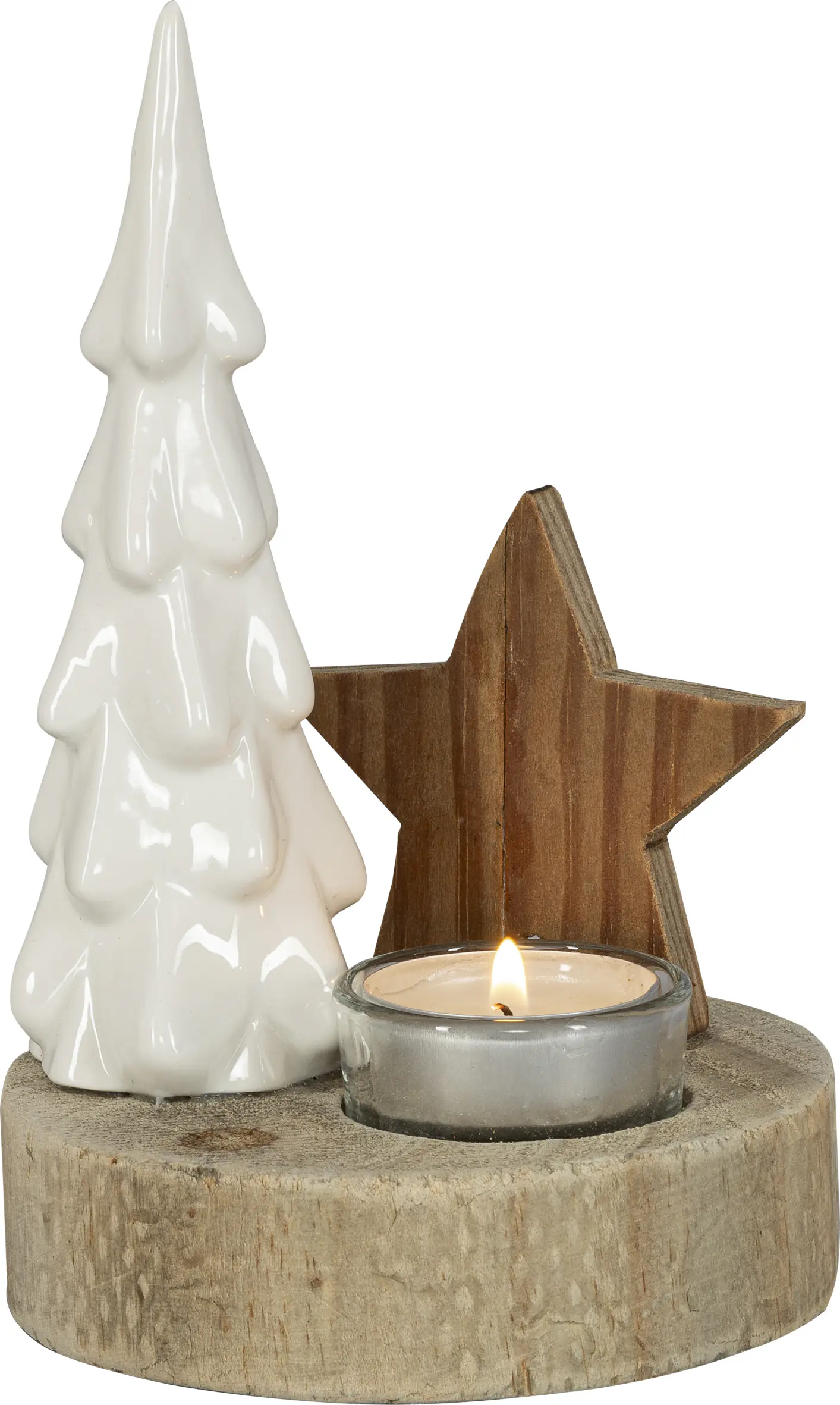 HGD Weihnachtsdeko Tannenbaum mit Stern Holz mit Teelichthalter Ø 11 x 17,5 cm natur/weiß