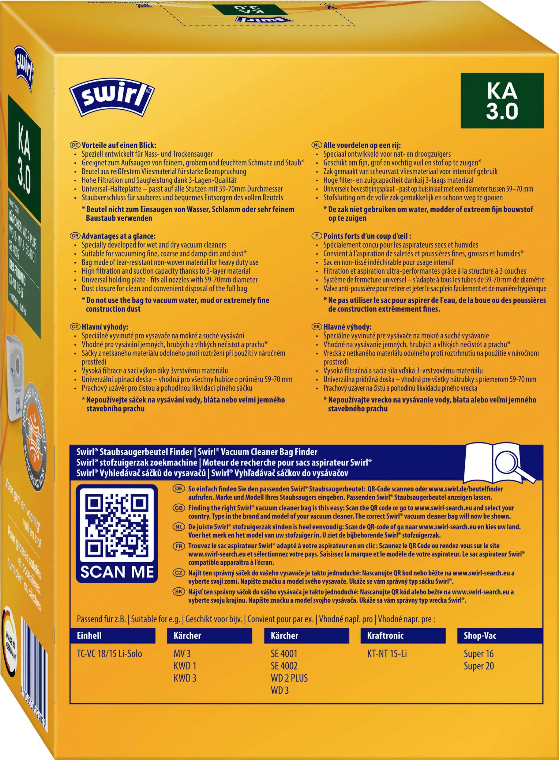 Swirl KA 3.0 Staubbeutel für Nass-Trockensauger, Kärcher/Shop-Vac 3 Stück