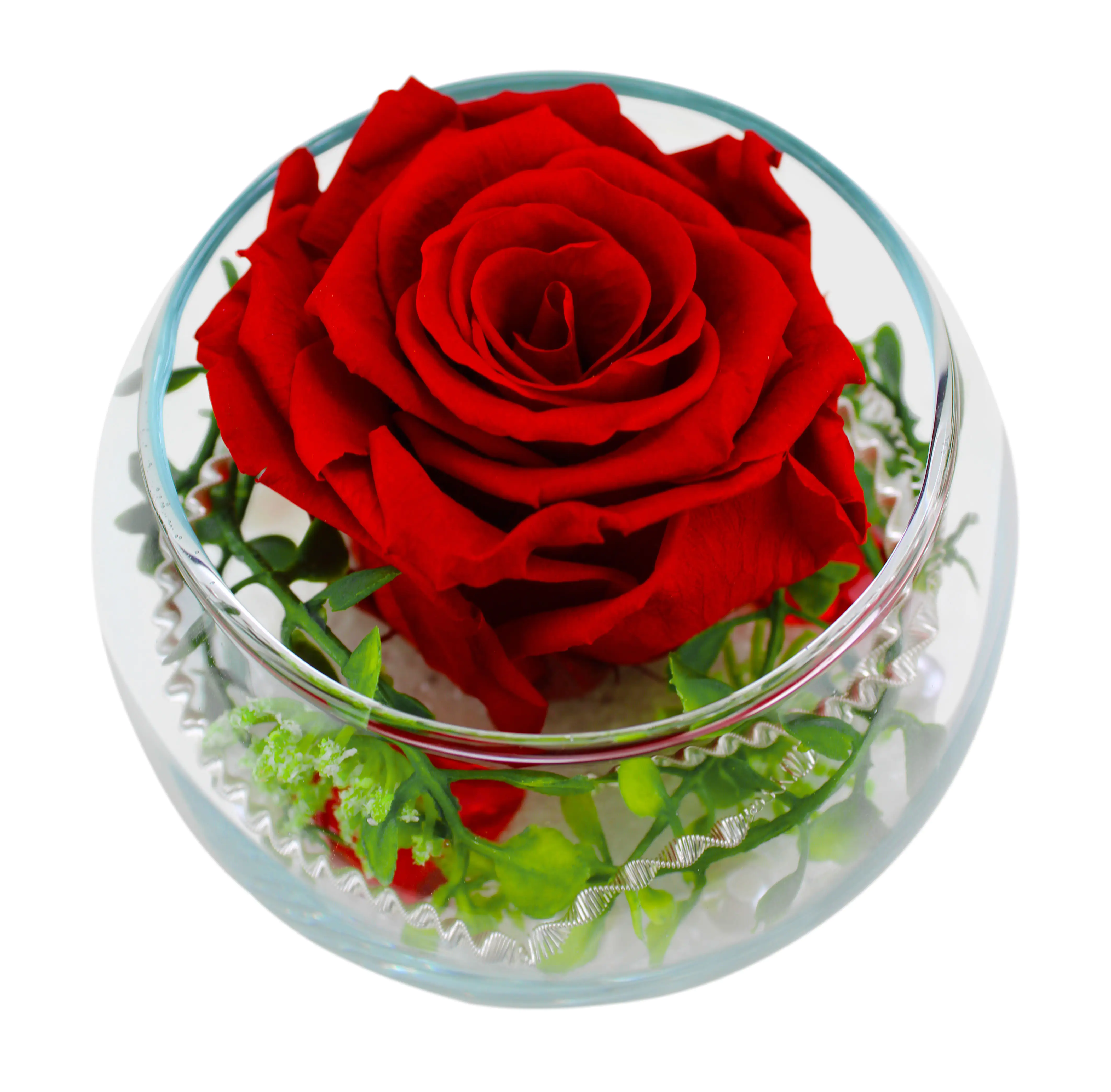 Arrangement Langzeitrose "Long Life", rot im Whiskeyglas mit Deko Arrangement Langzeitrose "Long Life", rot im Whiskeyglas mit Deko