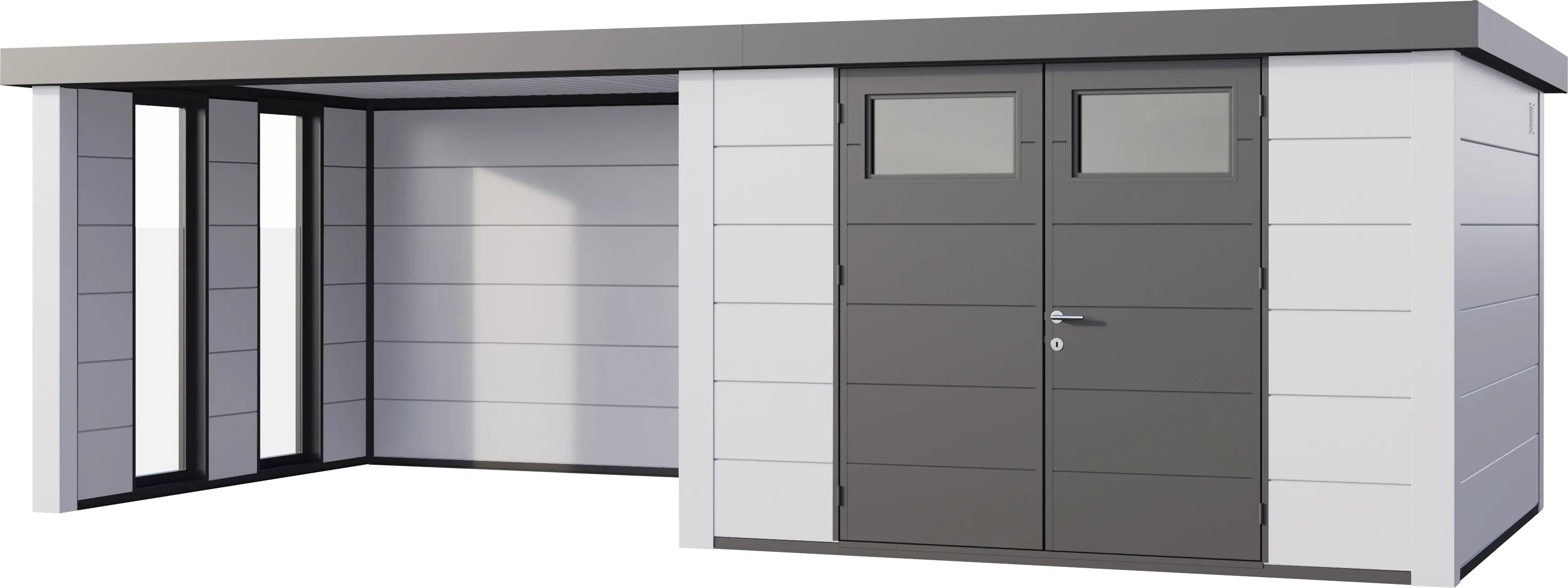 Telluria Gerätehaus Classico Lounge L mit Fenstern 3030 links EW weiß 642 x 298 cm