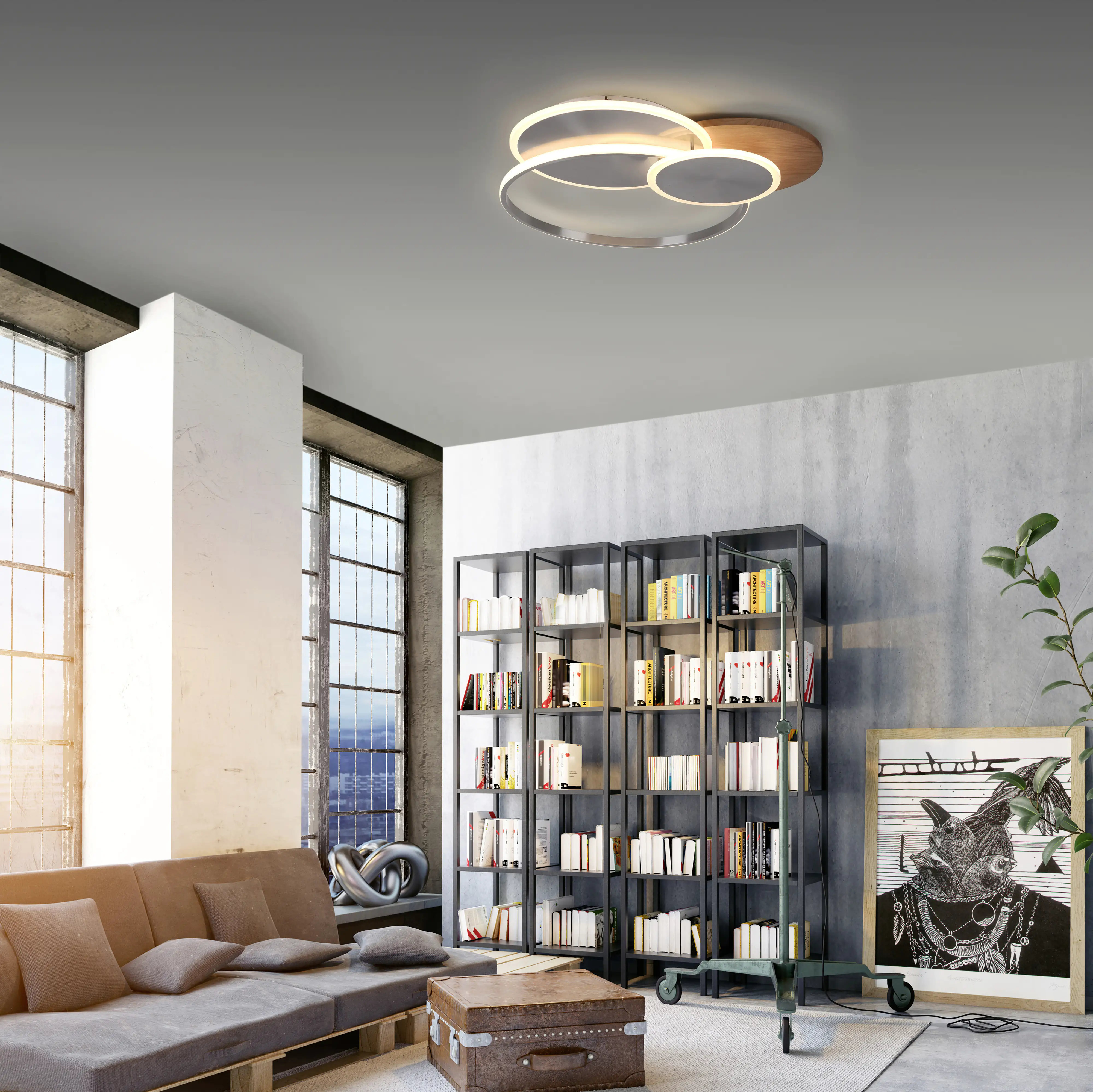 Paul Neuhaus CCT LED Deckenleuchte Palma stahl-holz 65 x 56 cm dimmbar