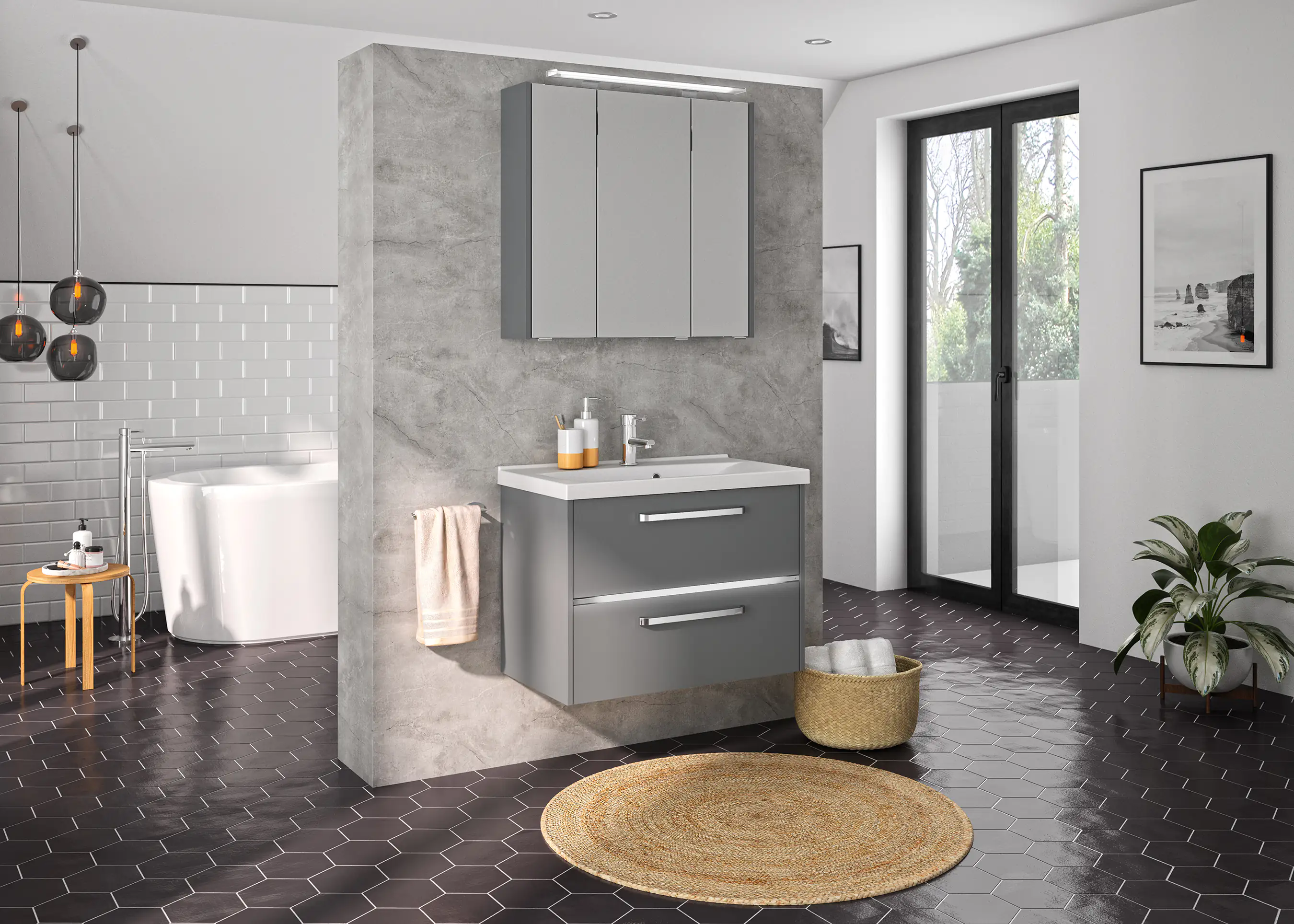 Primaster Badmöbel-Set Berlin grau 77 cm LED-Leuchten, Mineralgusswaschtisch Primaster Badmöbel-Set Berlin grau 77 cm LED-Leuchten, Mineralgusswaschtisch