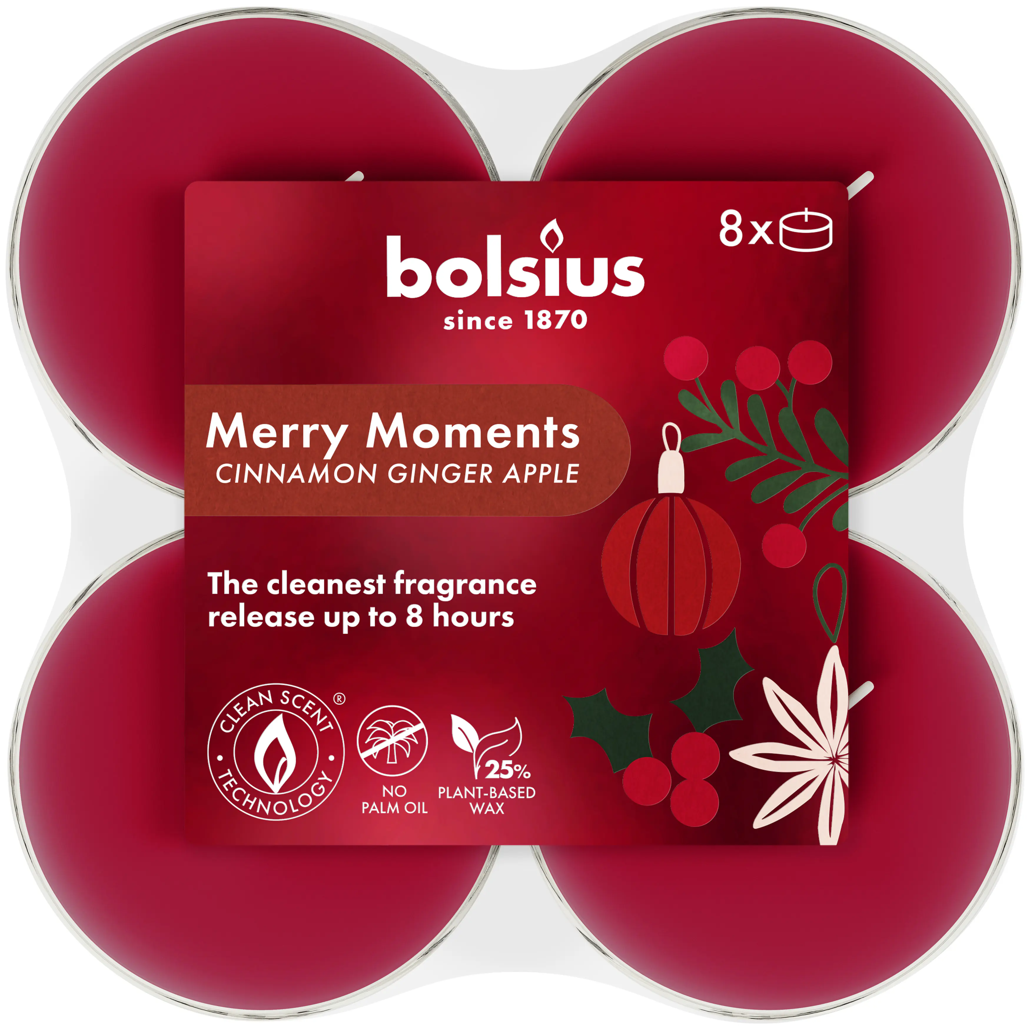 Bolsius Duftteelichter XL merry moments 8er Pack rot
