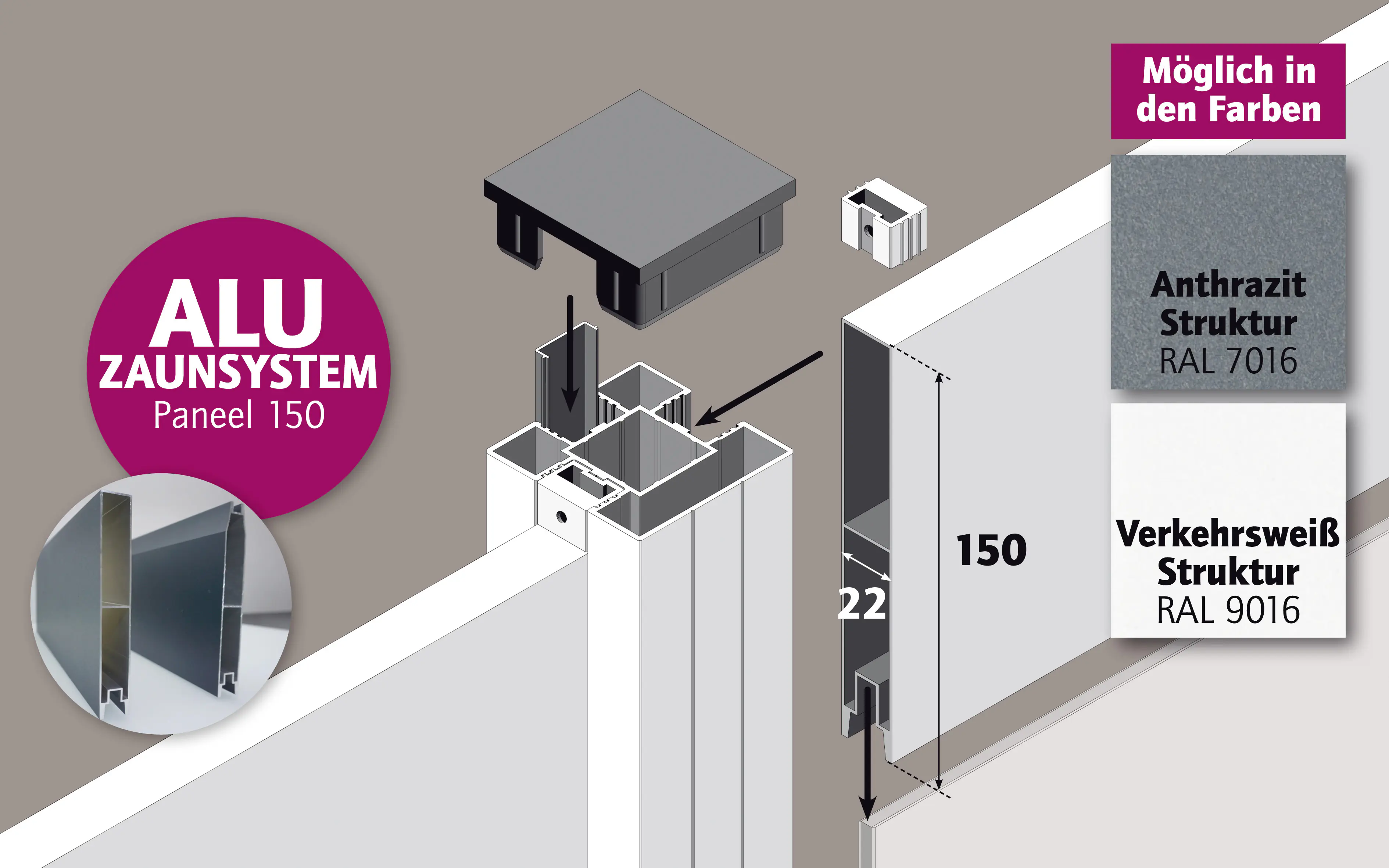 Ambiente Alu-Zaun Paneel 150 + ESG 8 mm 120 cm x 180 cm 22 mm stark