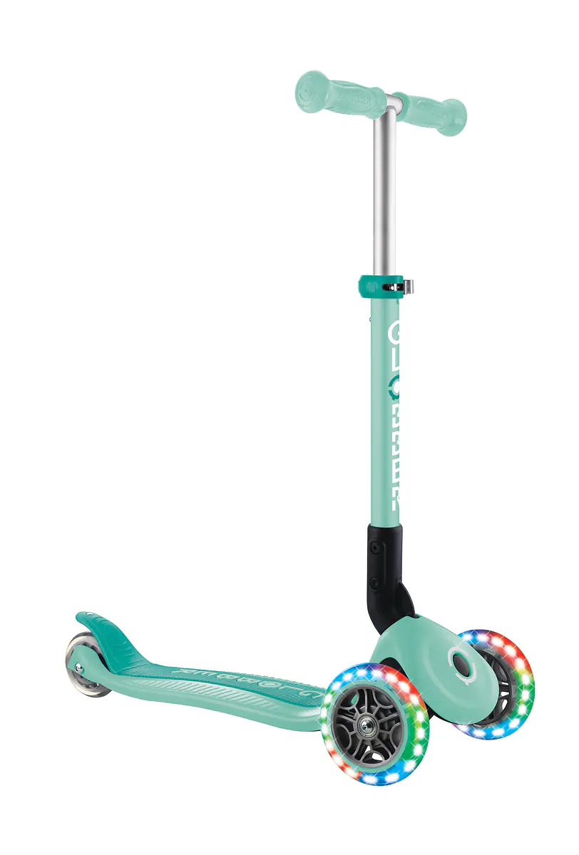 Globber Scooter für Kinder mit Leuchtrollen Junior Foldable Lights mint/blau