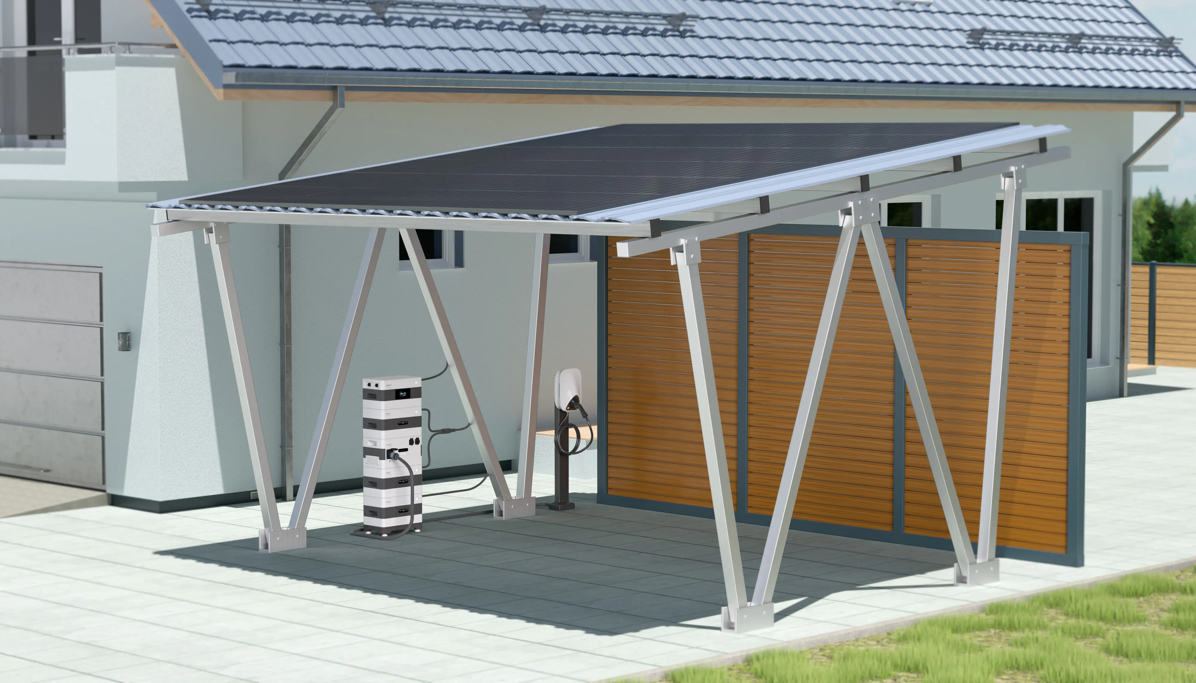 Sunlit Twin Solar Carport 12 Solarmodule, 8,6 kWh Speicher, Wallbox