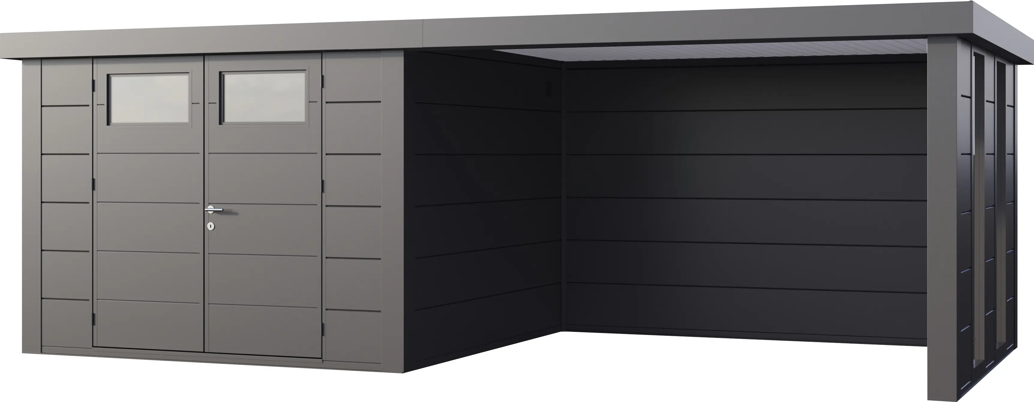Telluria Gerätehaus Classico Lounge L mit Fenstern 3030 rechts granitgrau 642 x 298 cm
