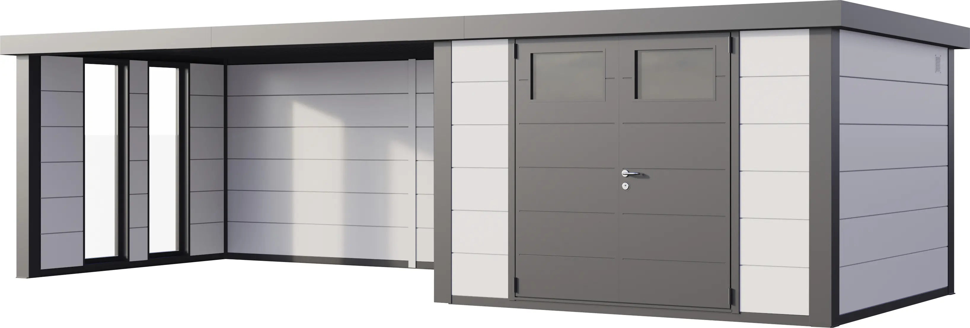 Telluria Gerätehaus Classico Lounge XL mit Fenstern 3030 links weiß 762 x 298 cm