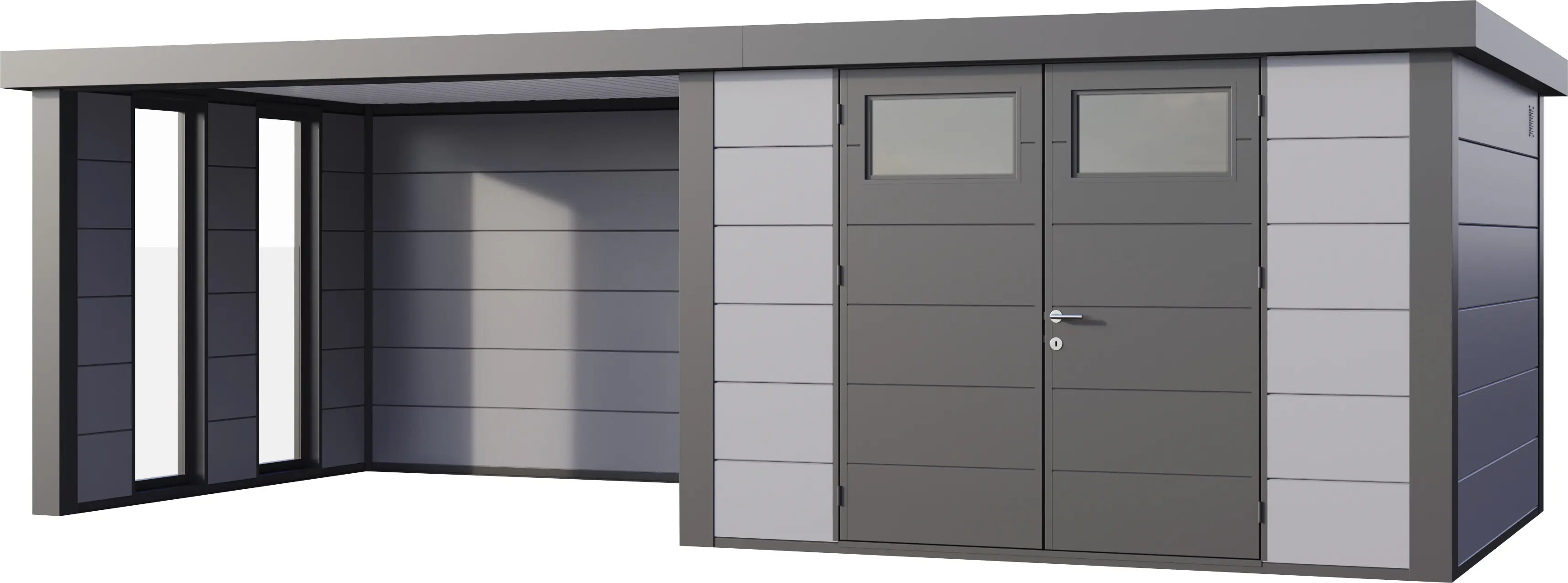 Telluria Gerätehaus Classico Lounge L mit Fenstern 3330 links lichtgrau 672 x 298 cm