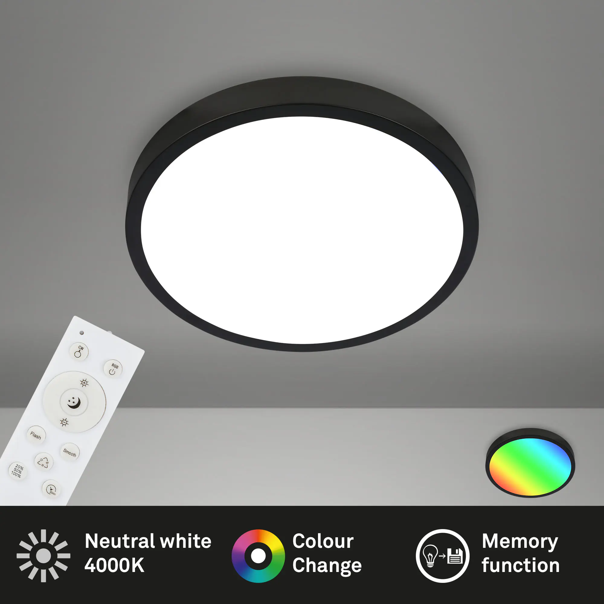 Briloner LED Deckenleuchte Runa Ø 38 cm, Metallrahmen schwarz, RGBW