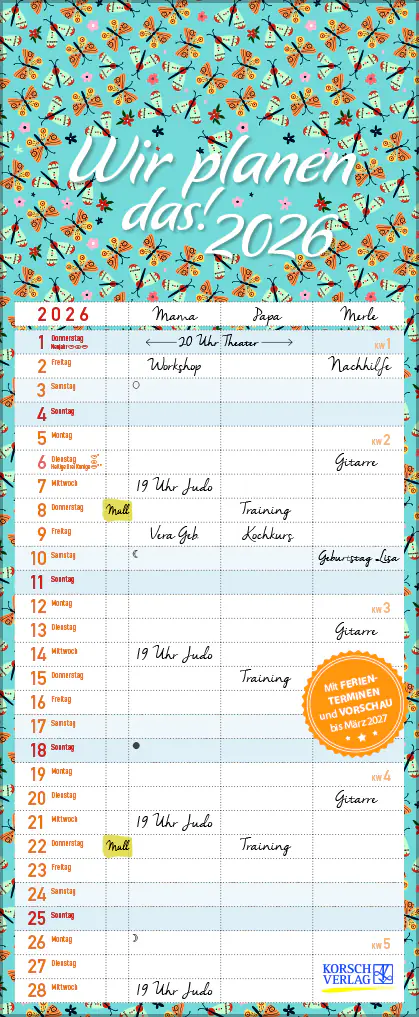 Korsch Kalender Familientimer Wir planen das 2026 Schmetterling-Motiv