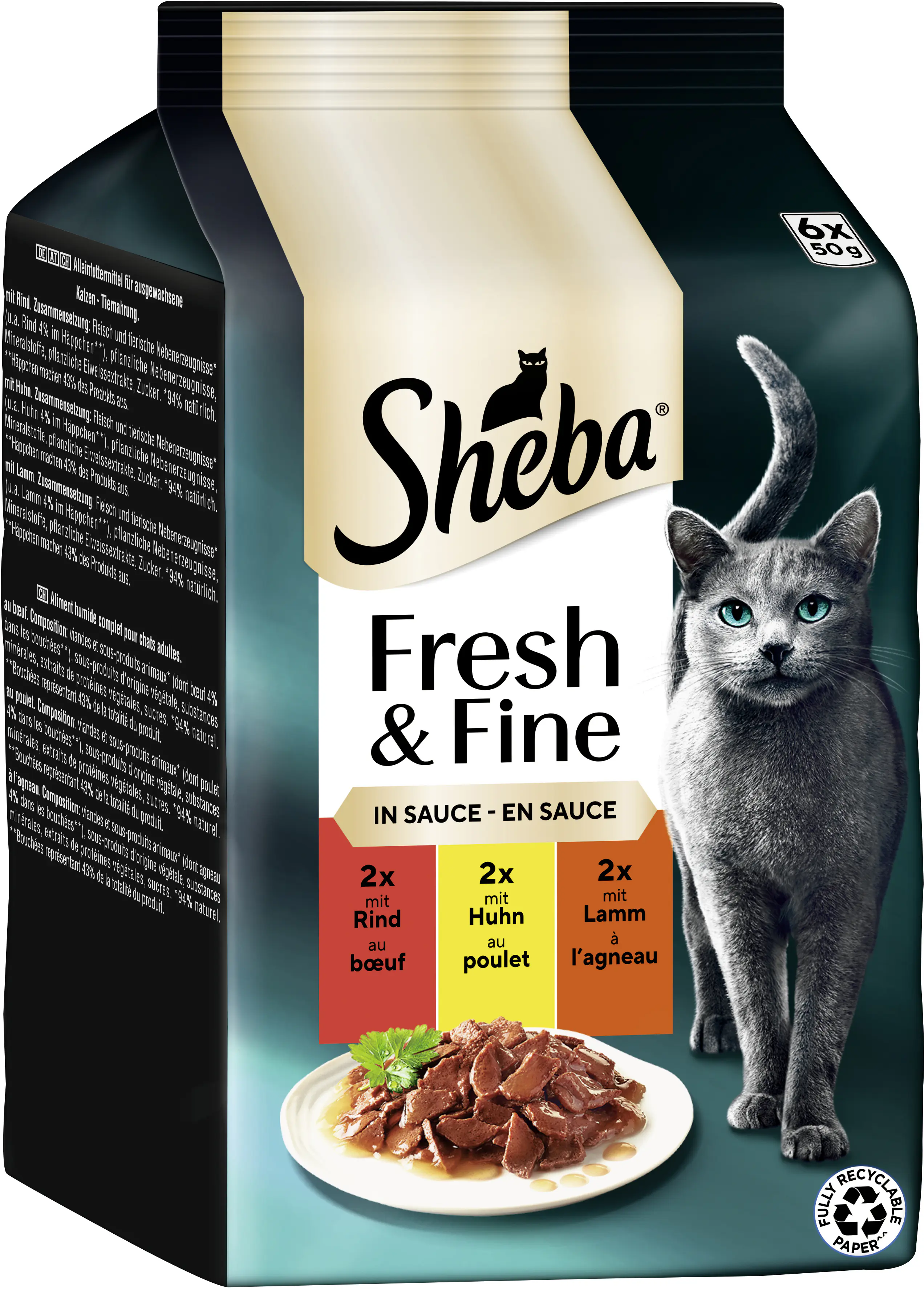 Sheba Fresh & Fine Katzennassfutter  6 x 50 g Rind, Huhn & Lamm