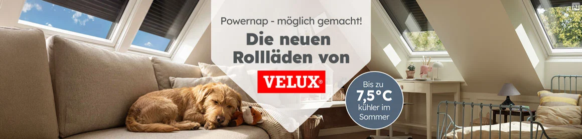 Werbebanner für die neuen VELUX Rollläden: bis zu 7,5 °C kühlere Räume im Sommer; gezeigt werden helle Dachräume mit Dachfenstern.