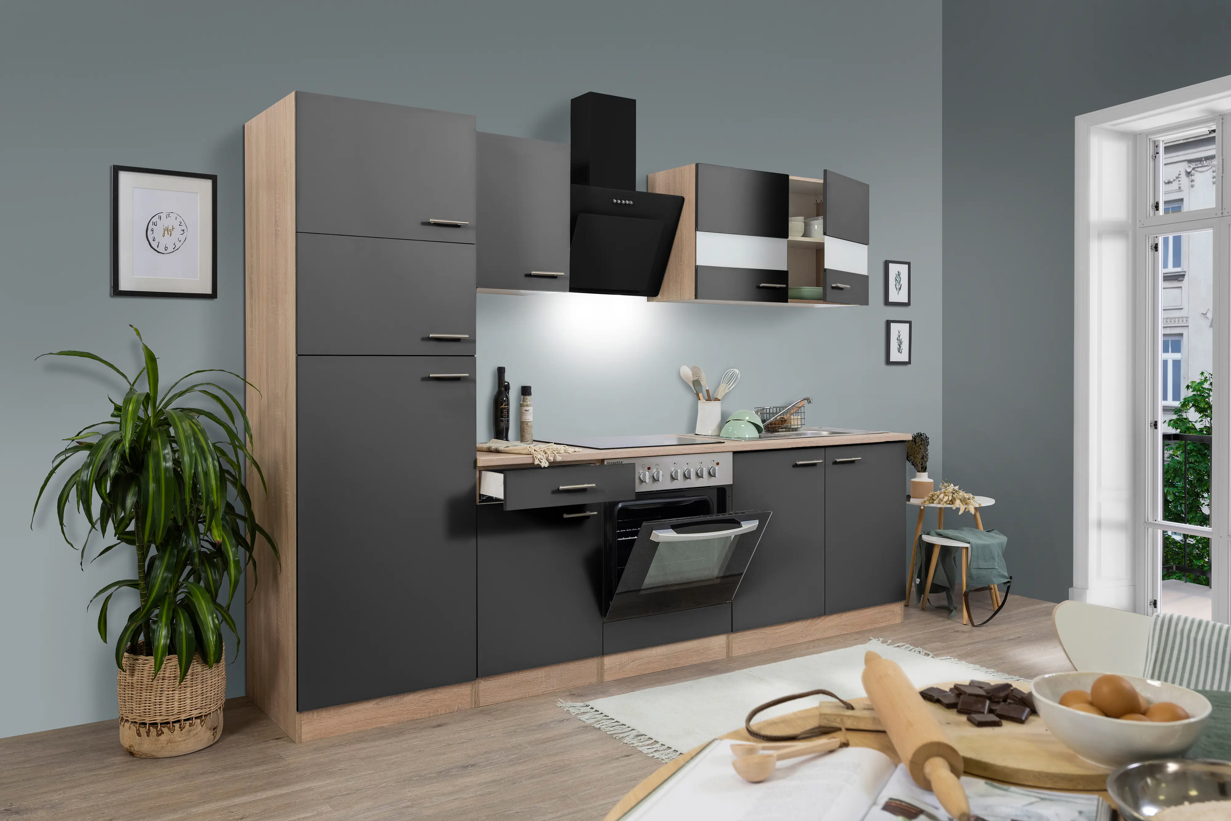 Respekta Economy Küchenblock 270 cm grau, Eiche Sonoma, KB270ESGCGKE