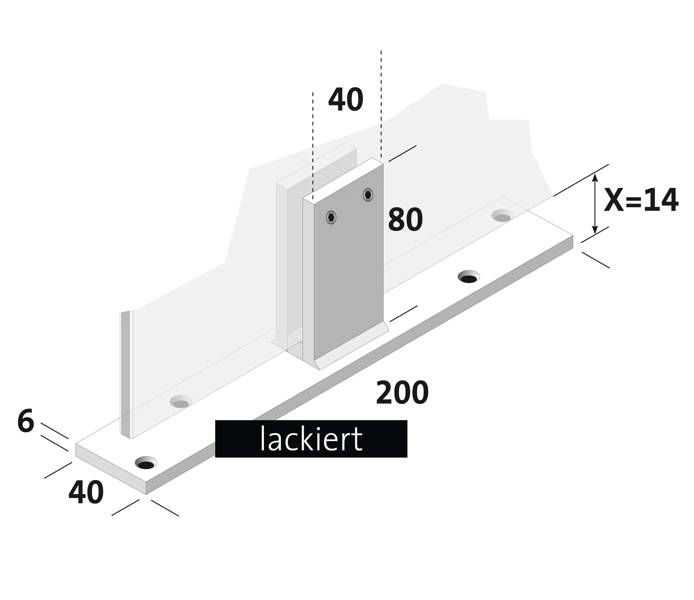Standfuß längs quer für 6 mm ESG-Glas Länge 20 cm Aluminium weiß lackiert