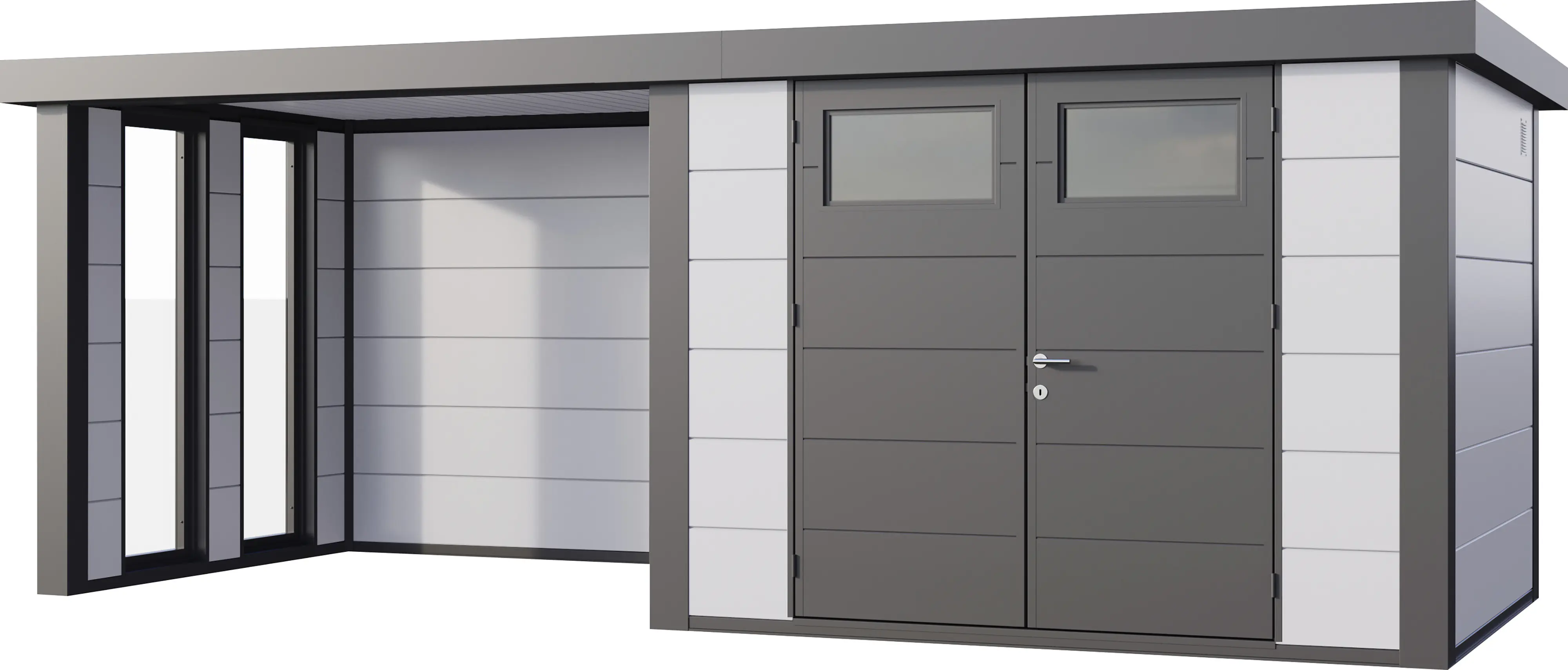 Telluria Gerätehaus Classico Lounge S mit Fenstern 3024 links weiß 582 x 238 cm