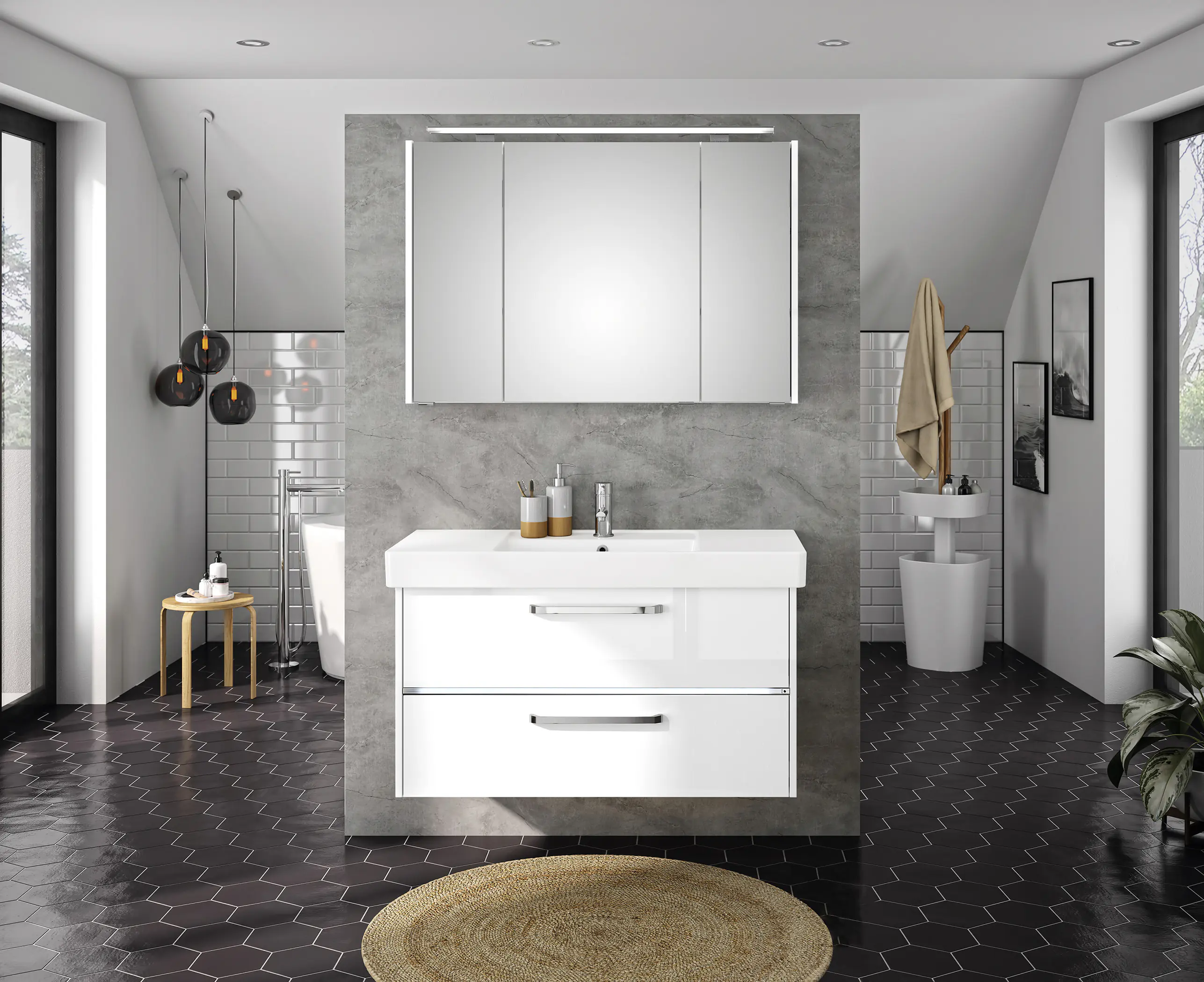 Primaster Badmöbel-Set Berlin weiß 105 cm LED-Leuchten, Keramikwaschtisch