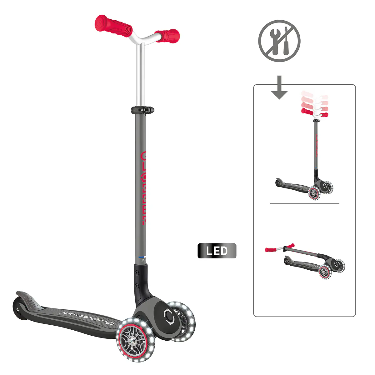 Globber Scooter für Kinder mit Leuchtrollen Master Lights schwarz/rot