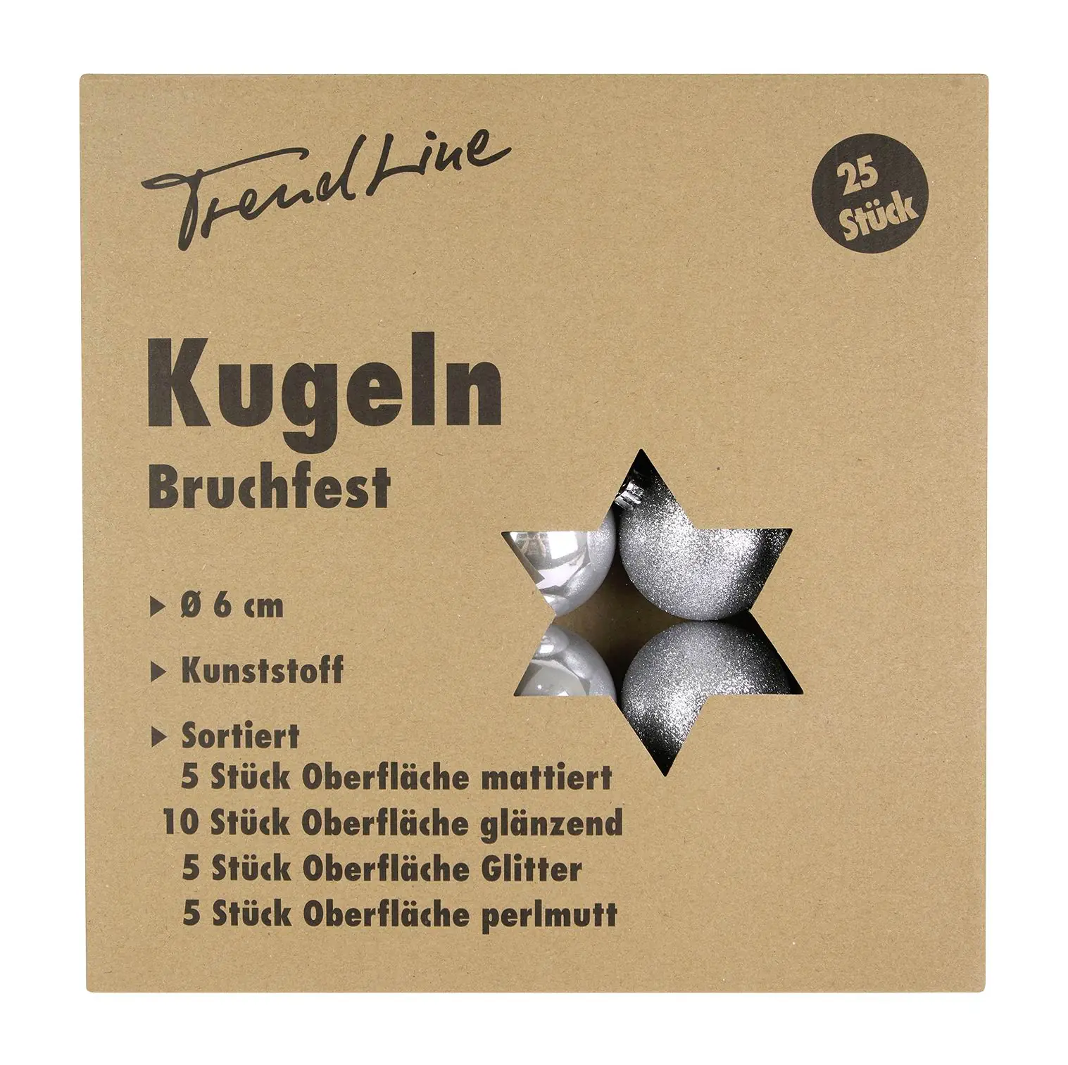 TrendLine Weihnachtskugeln bruchfest, langlebig Ø 6 cm silber 25 Stück
