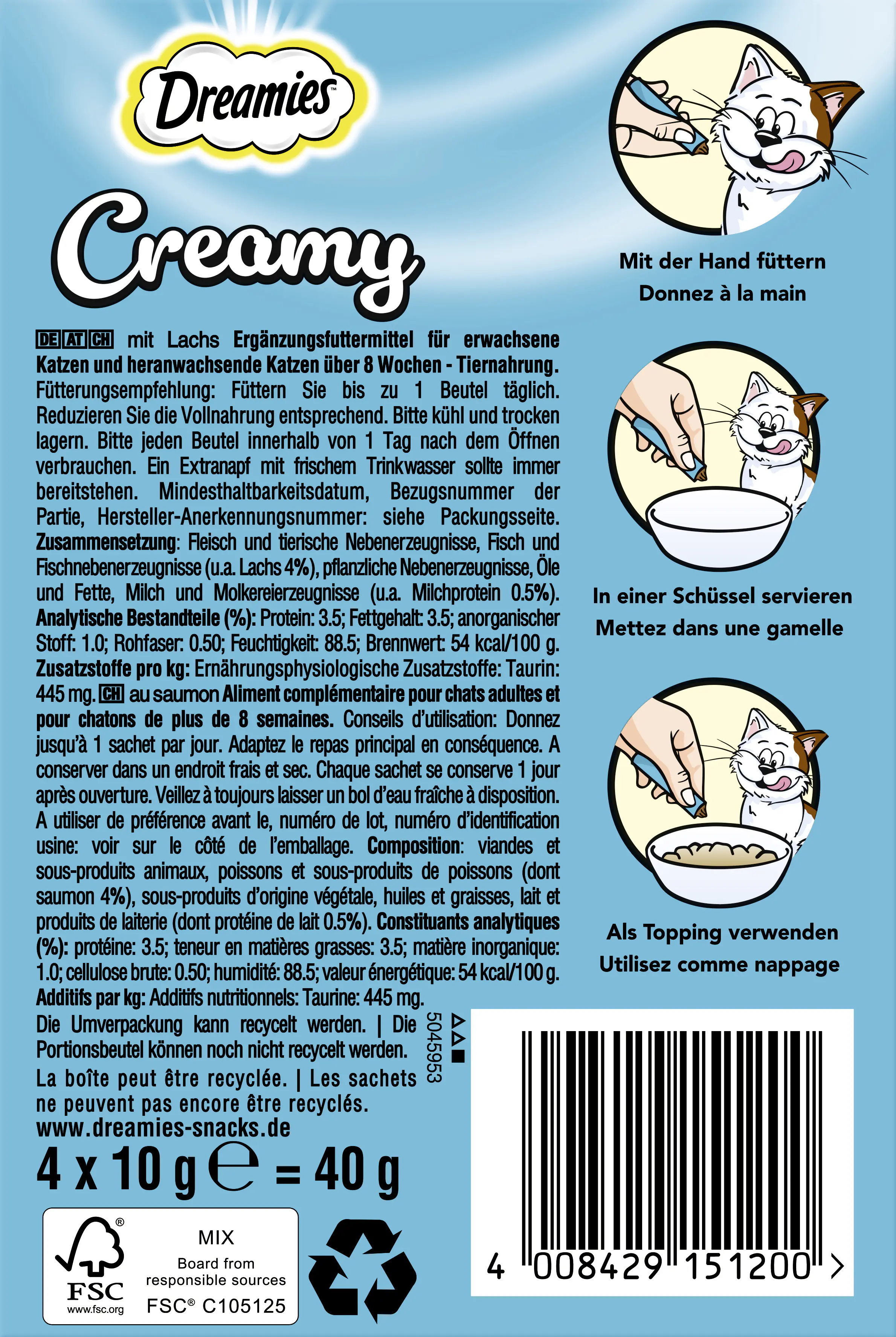 Dreamies Creamy Snacks mit Lachs Katzensnack 4 x 10 g Multipack