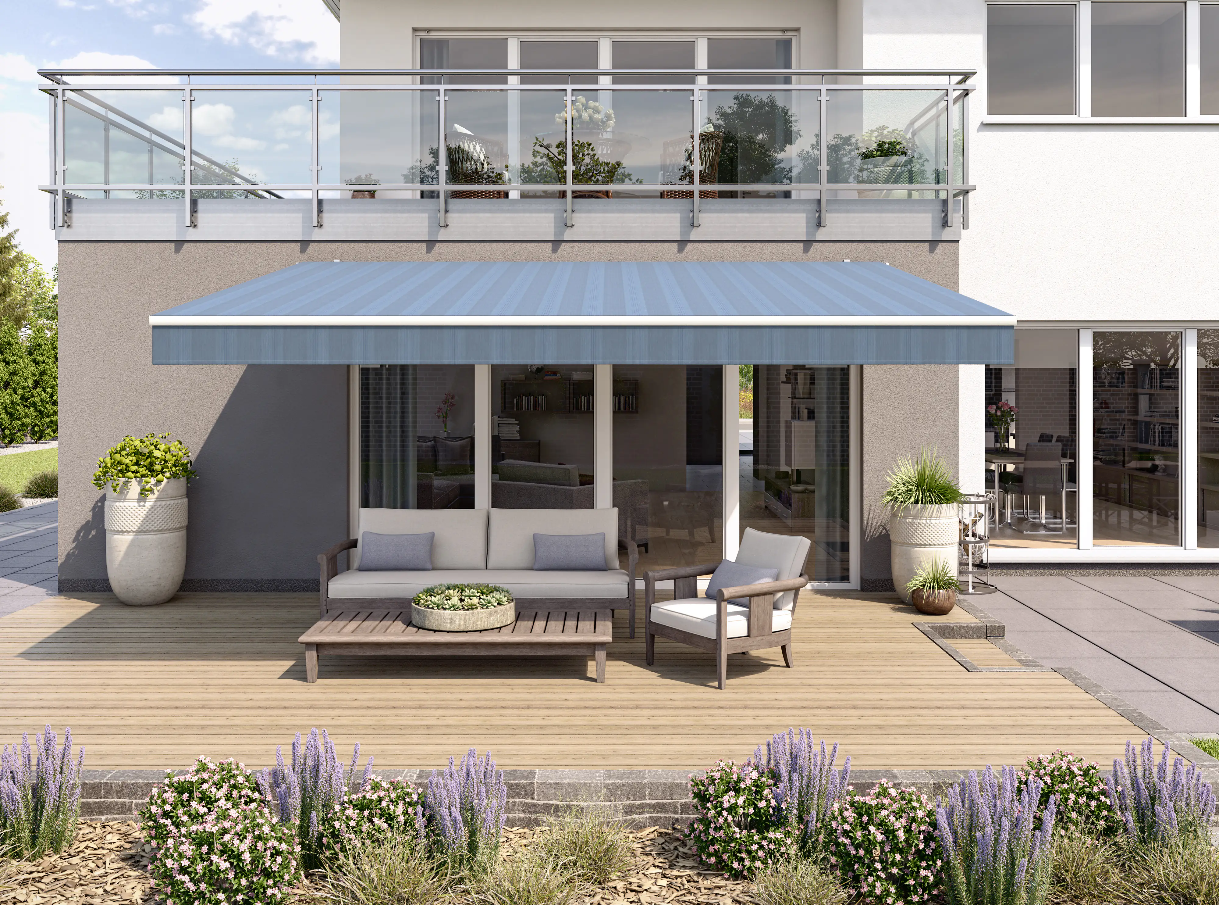 Gelenkarmmarkise Classic blau-schwarz gestreift inkl. Motor, Handsender, Solar Panel