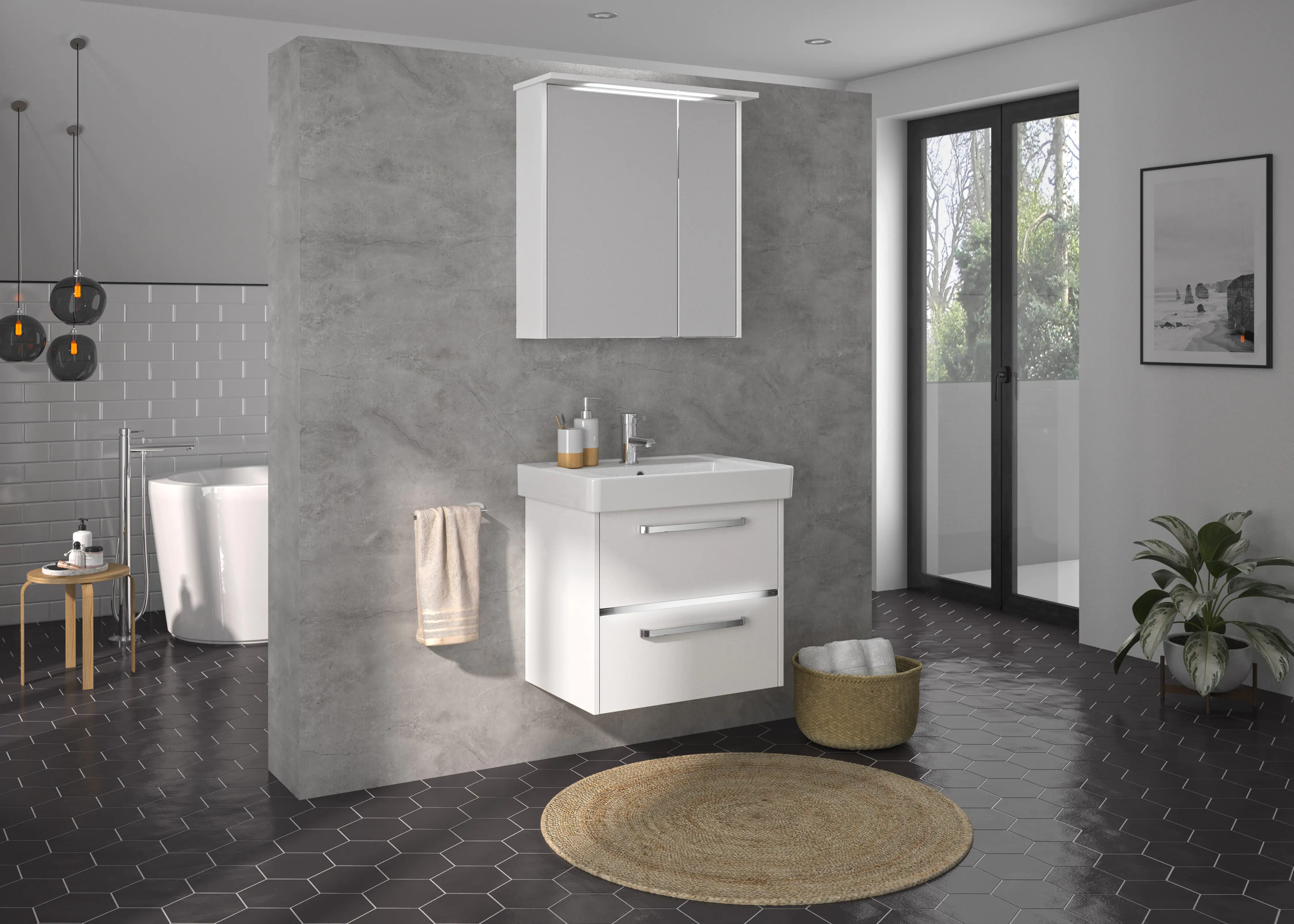 Primaster Badmöbel-Set Berlin weiß 65 cm Twin LED, Keramikwaschtisch