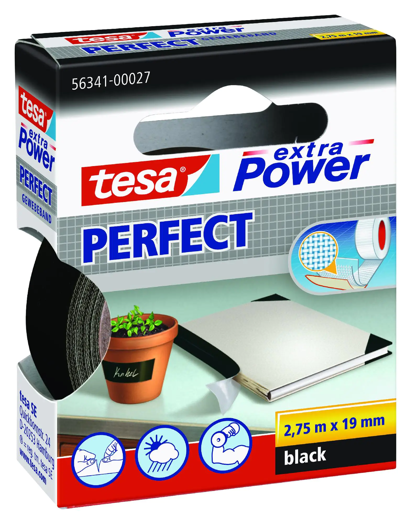 tesa extra Power Gewebeband Perfect 2,75 m x 19 mm, schwarz