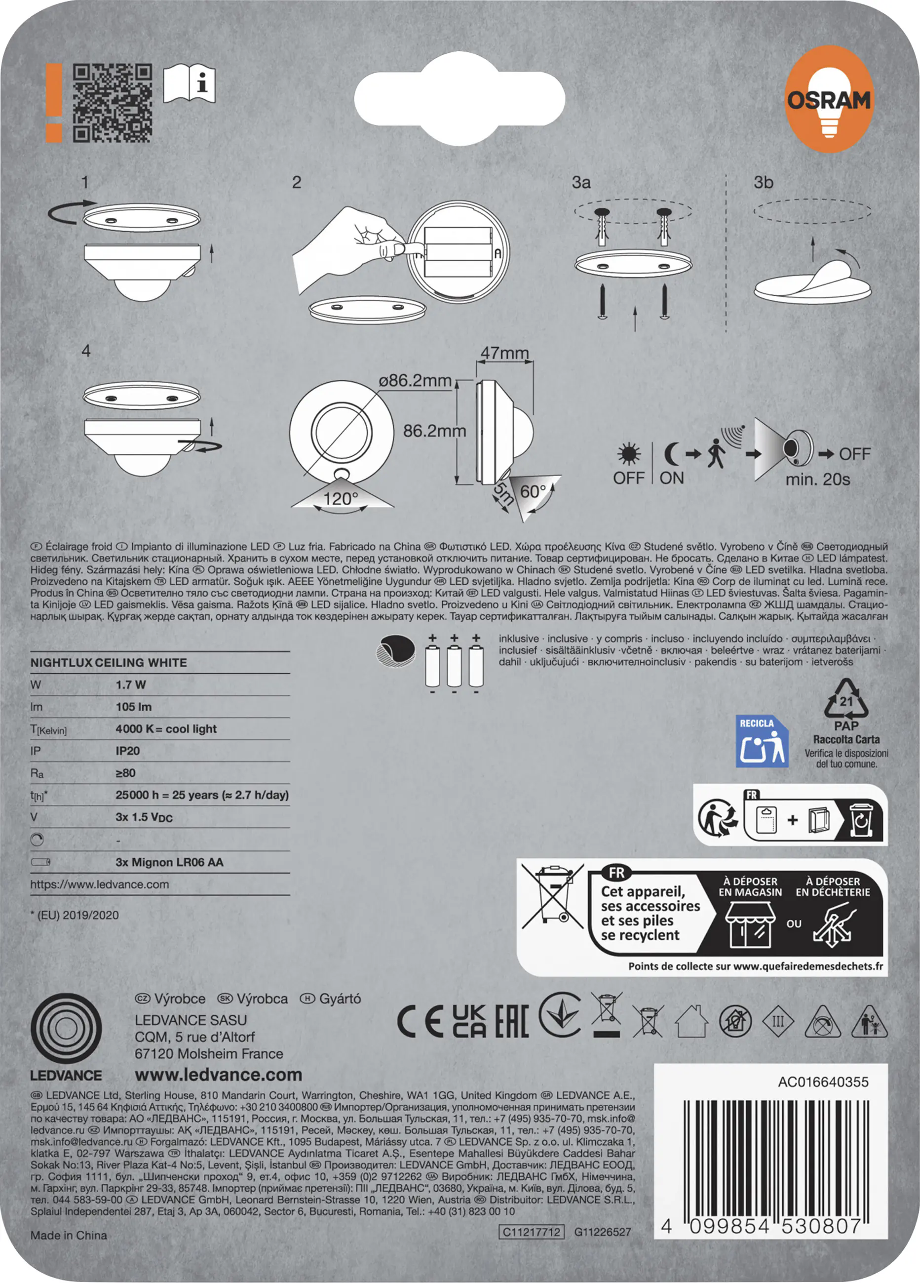 Osram LED-Nachtlicht Nightlux Ceiling mit Licht- & Bewegungssensor 8,6 cm kaltweiß weiß