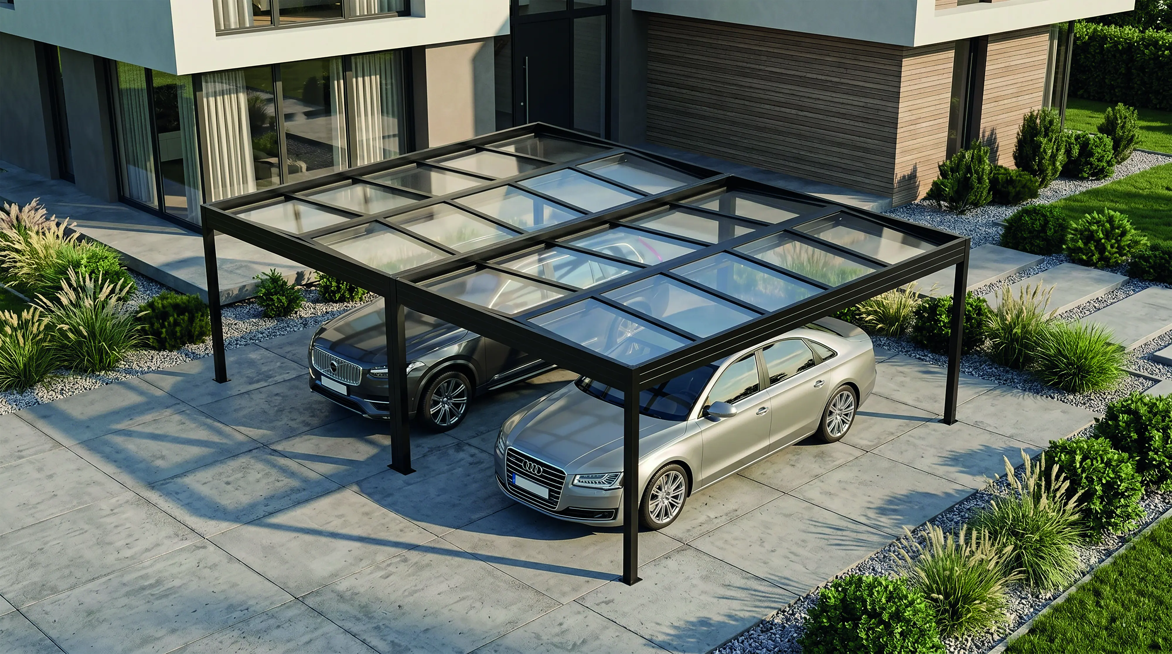 SunElements SunVaro Carport Kristall Doppel XL 724 x 549 cm mit Glasdach anthrazit-metallic