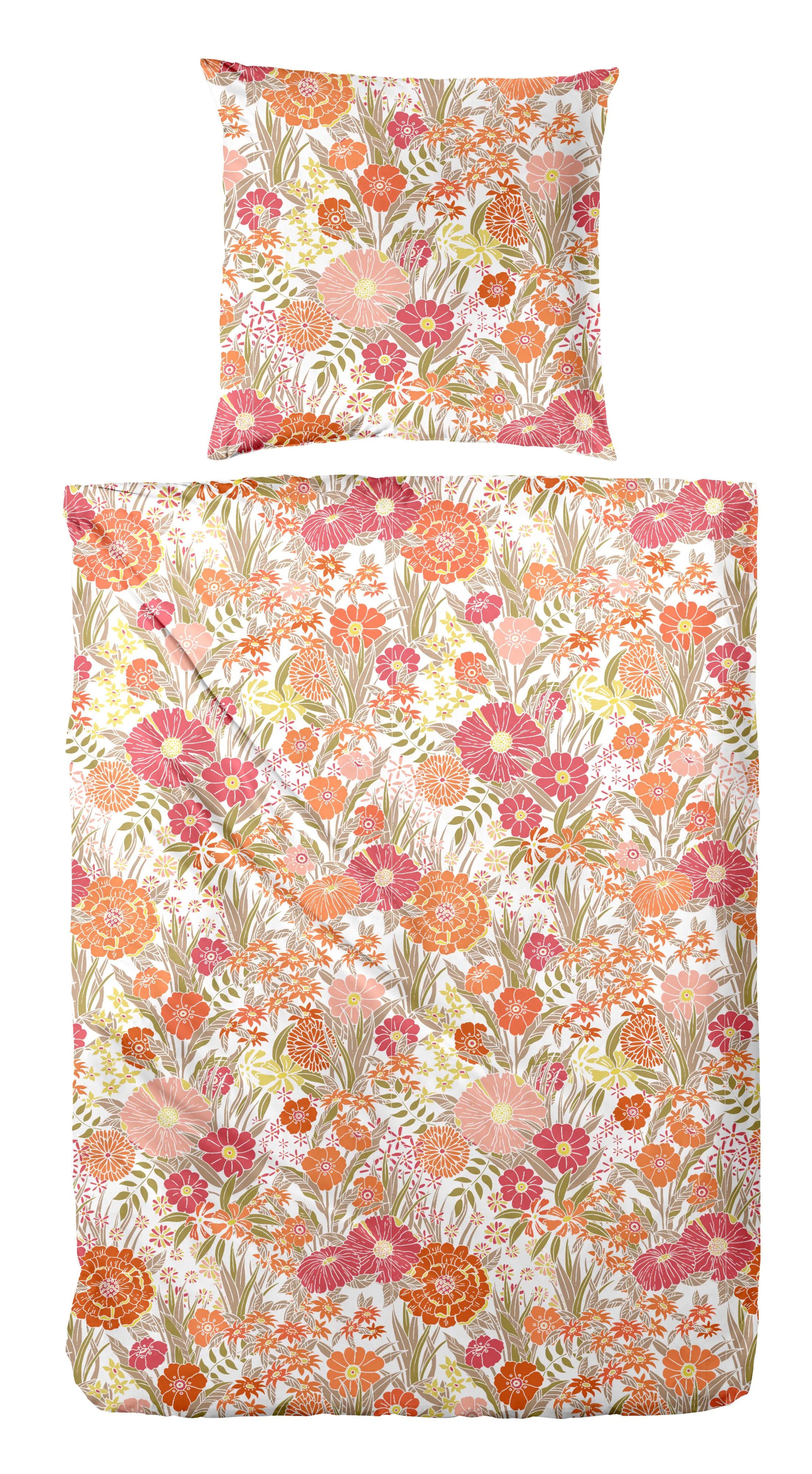 Vario Bettwäsche Baumwolle Perkal Floral orange-rot 135 x 200 cm 