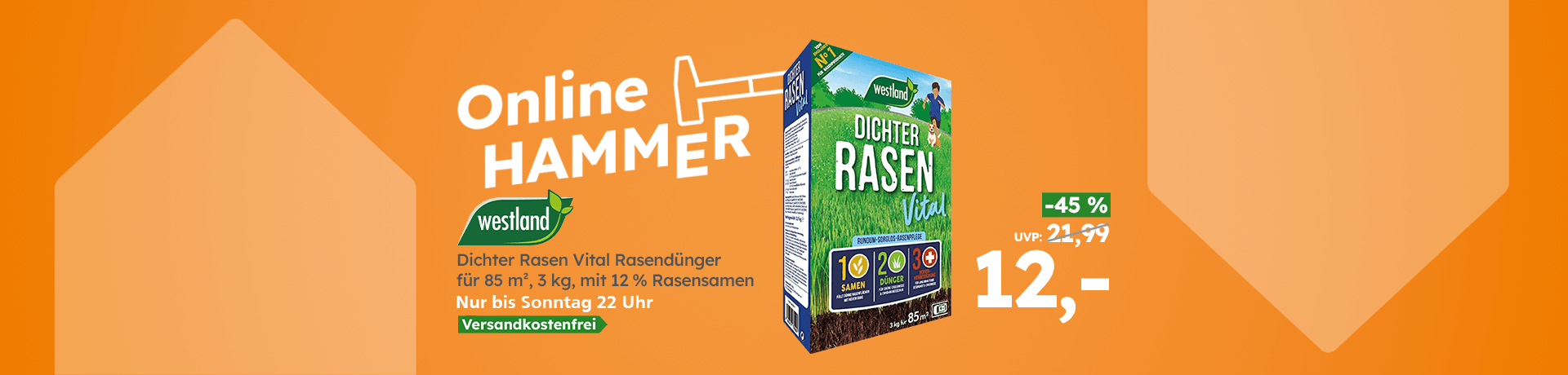 Online Hammer Angebot: Westland Dichter Rasen Vital Rasendünger für 85 m², 3 kg mit 12 Prozent Rasensamen, jetzt 12 Euro, 45 Prozent reduziert