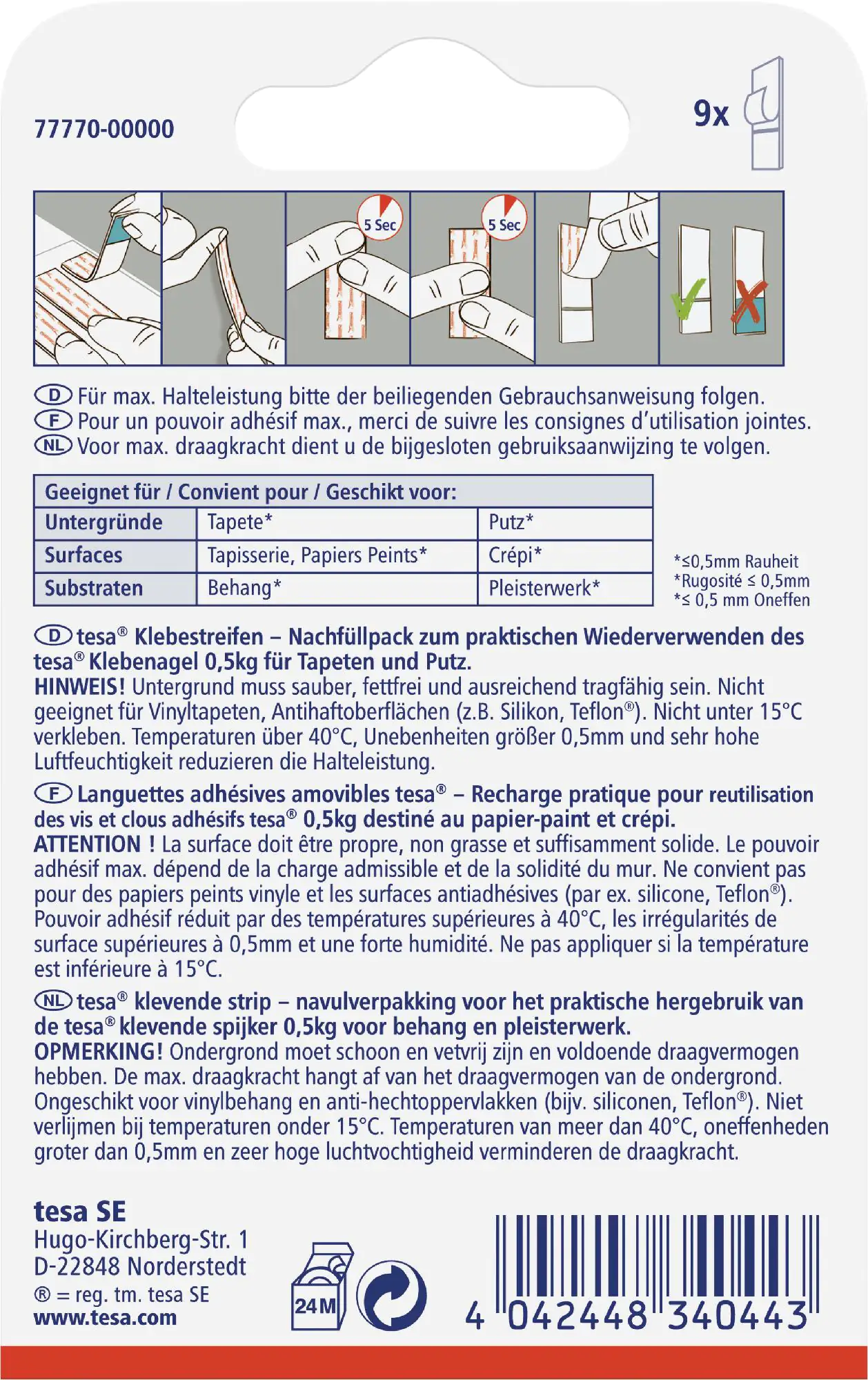 tesa Klebestreifen Traglast 500 g, 9 Stück