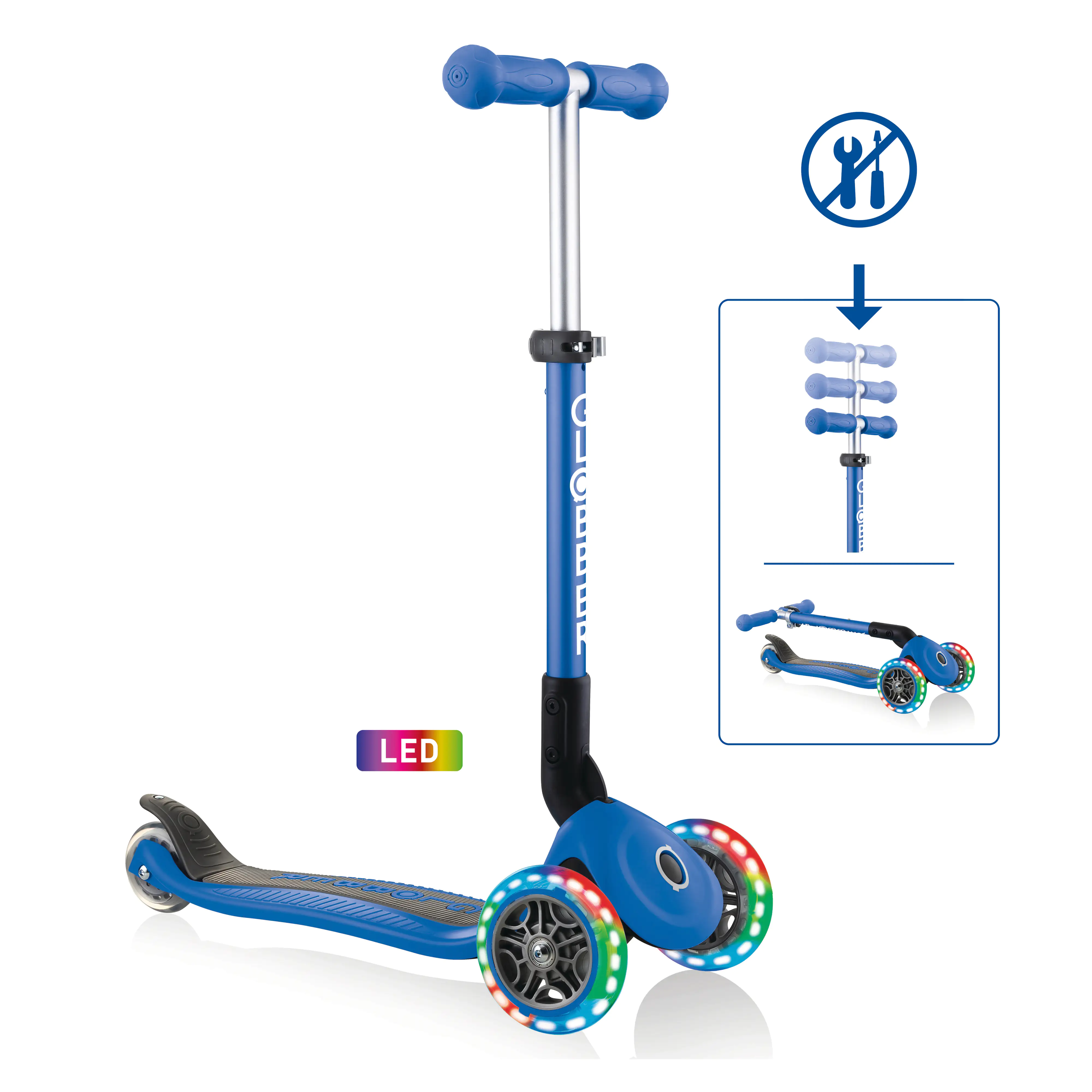 Globber Scooter Junior Foldable Lights dunkelblau mit Leuchtrollen