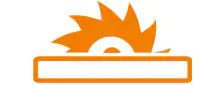 Grafisches Symbol einer rotierenden Kreissäge in Orange mit rechteckigem Balken darunter, dargestellt auf weißem Hintergrund.