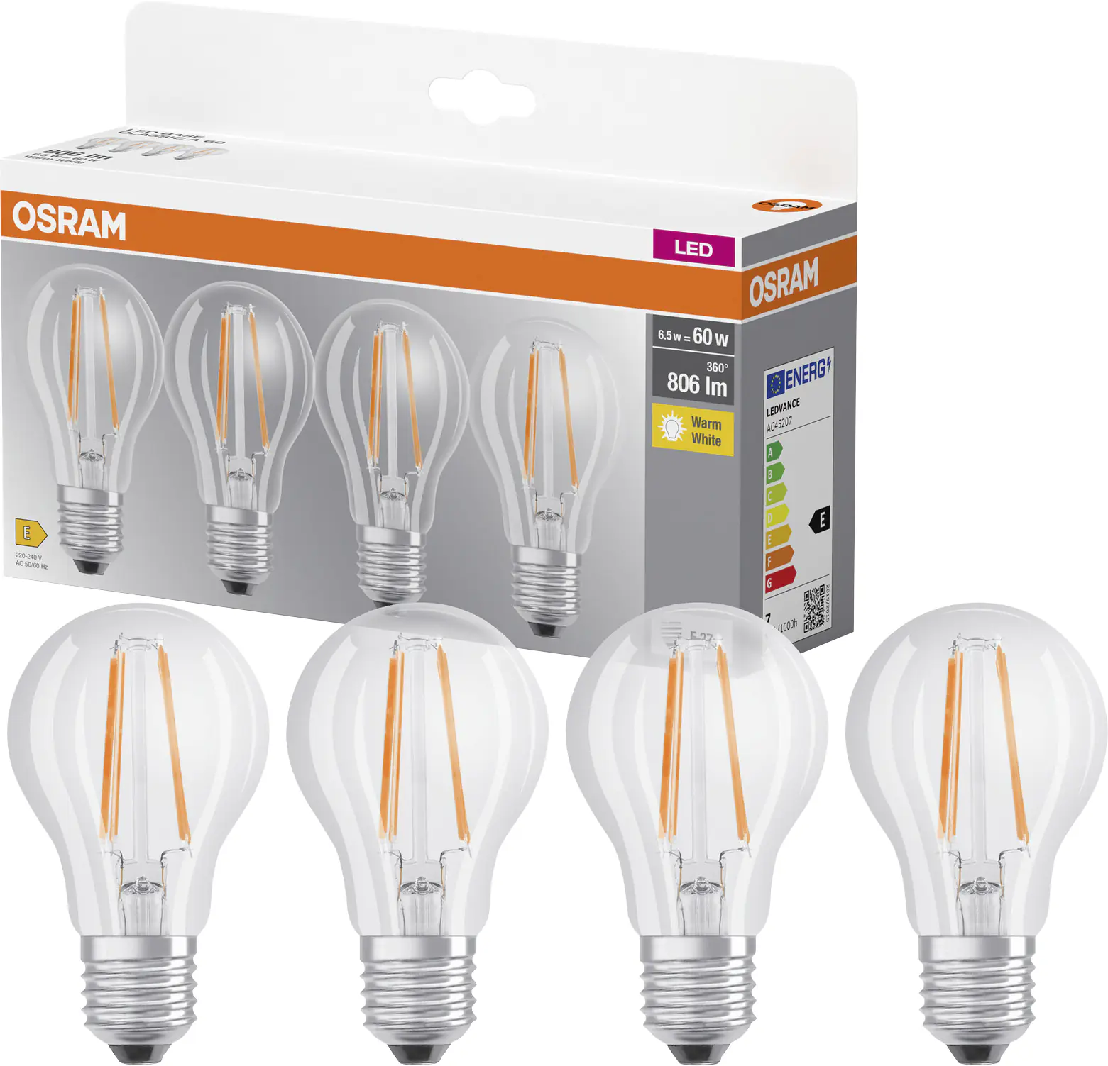Osram LED Leuchtmittel Base Klassik A60 6,5W, 806lm, 2700K, warmweiß, 4er Pack