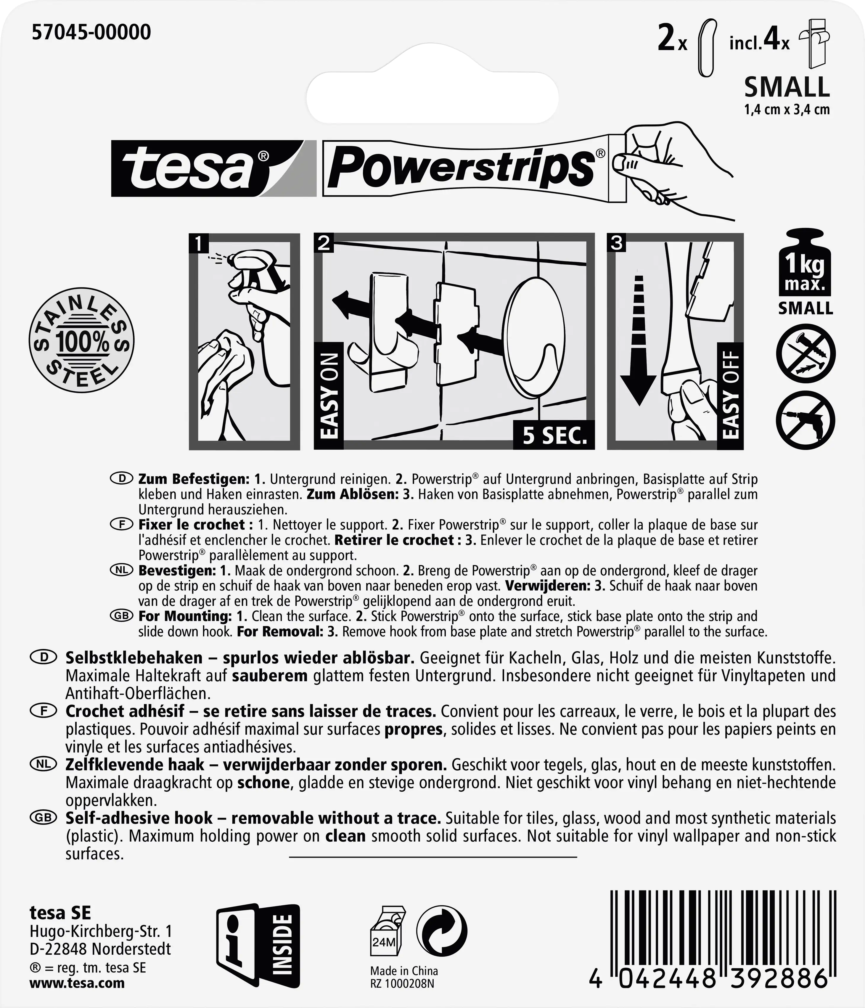 tesa Powerstrips Haken Small rechteckig, Edelstahl tesa Powerstrips Haken Small rechteckig, Edelstahl