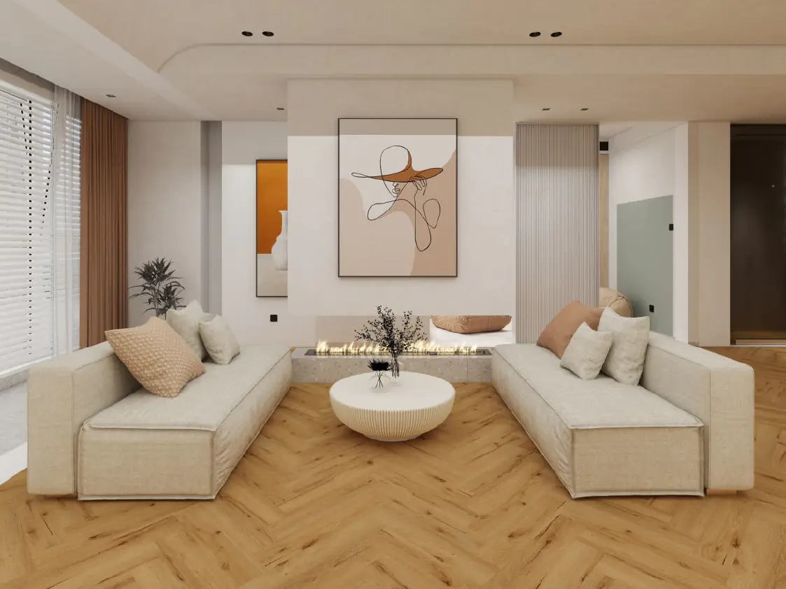 Decoflooring Fischgrät-Vinylboden mit Trittschalldämmung Eiche Alta