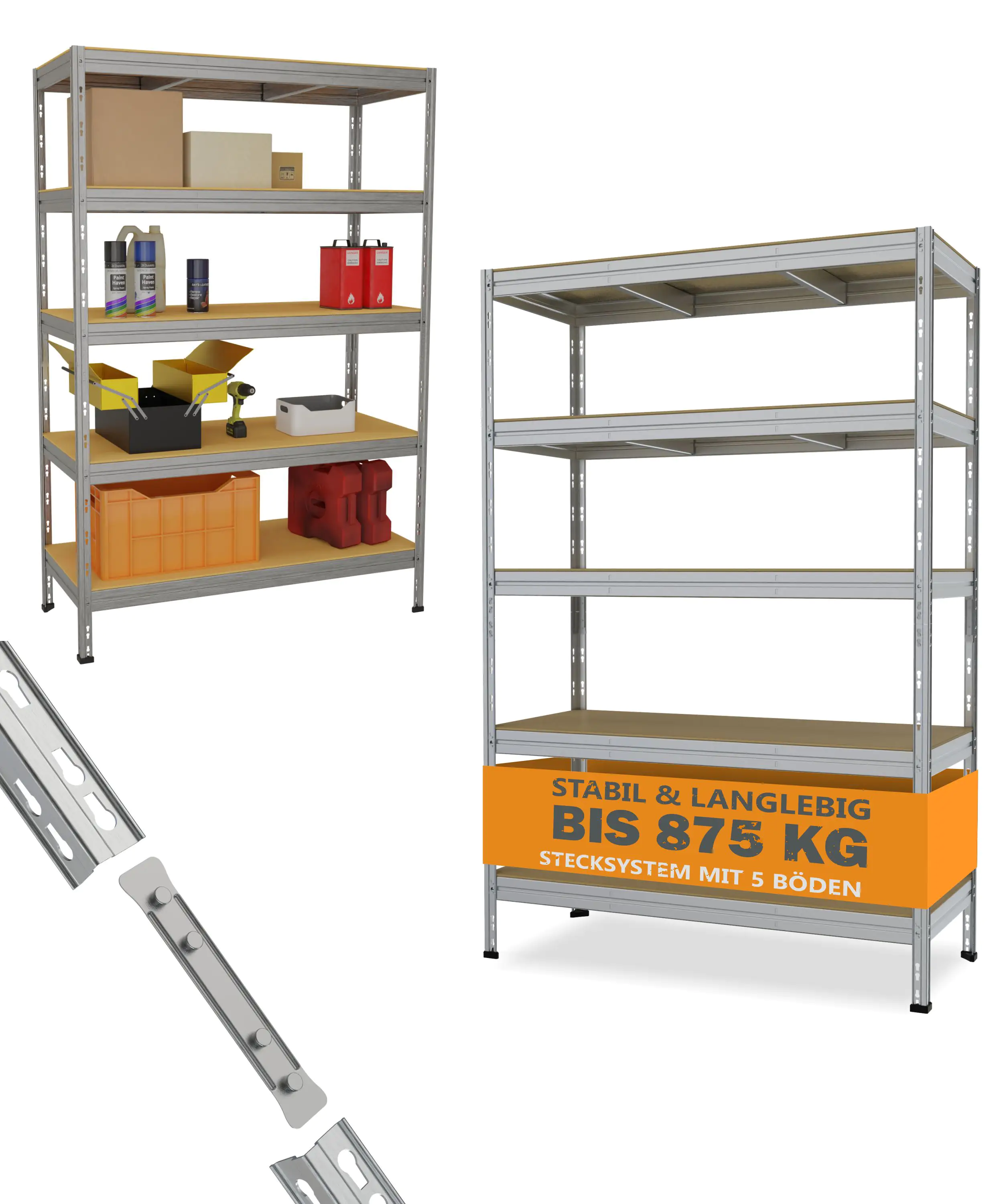 Metallsteckregal L 180 x 120 x 50 cm 5 Holzböden 875 kg, silber