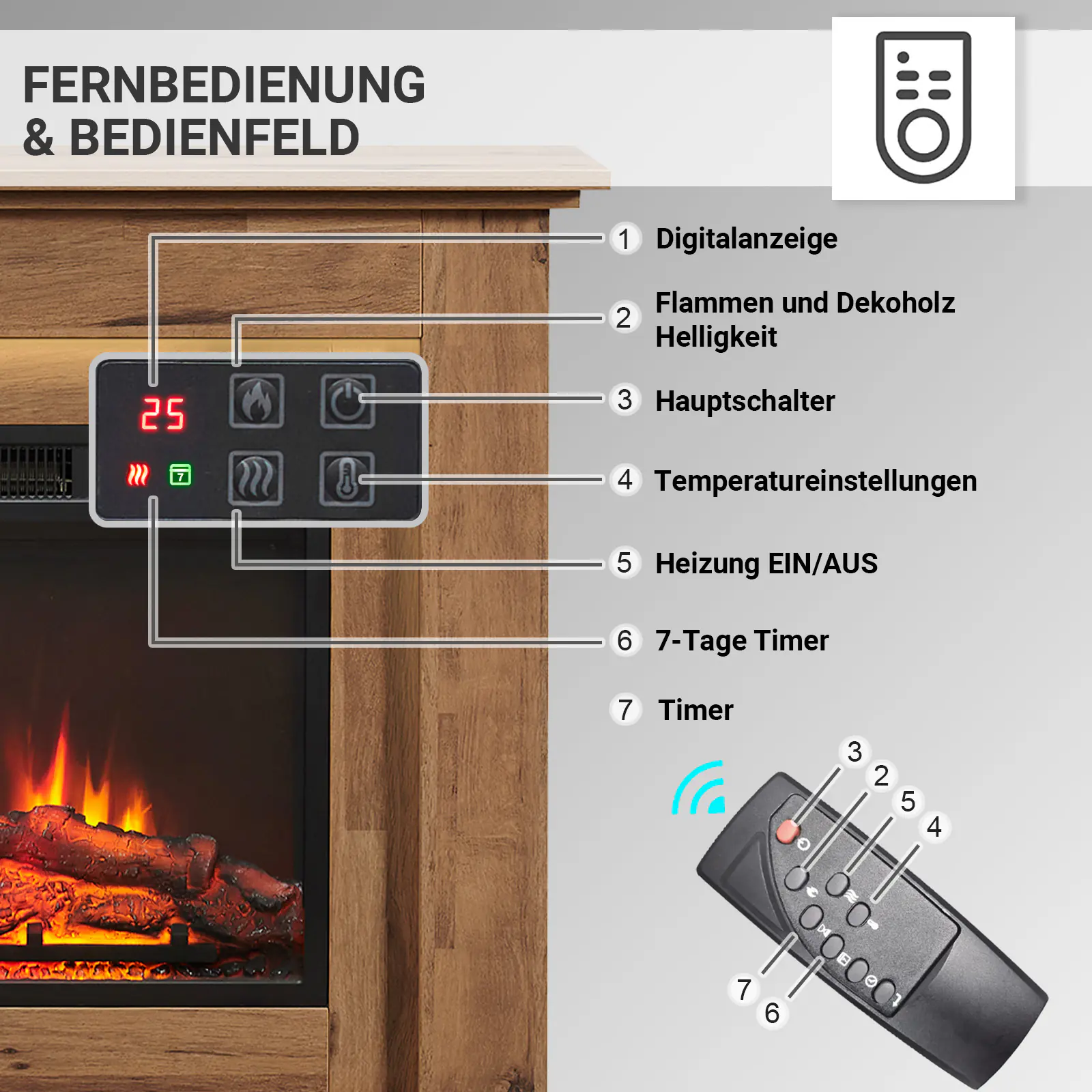 Elektrokamin BALDERIA Finn - Standkamin, Heizung 2000W - Dunkle Eiche
