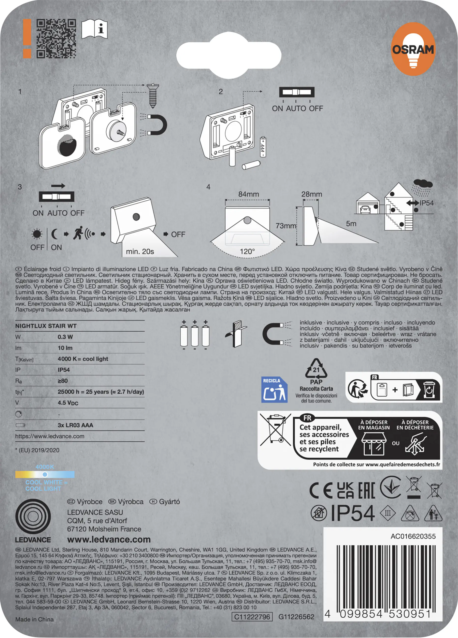 Osram LED-Nachtlicht Nightlux Stair mit Licht- & Bewegungssensor 7,3 cm kaltweiß weiß