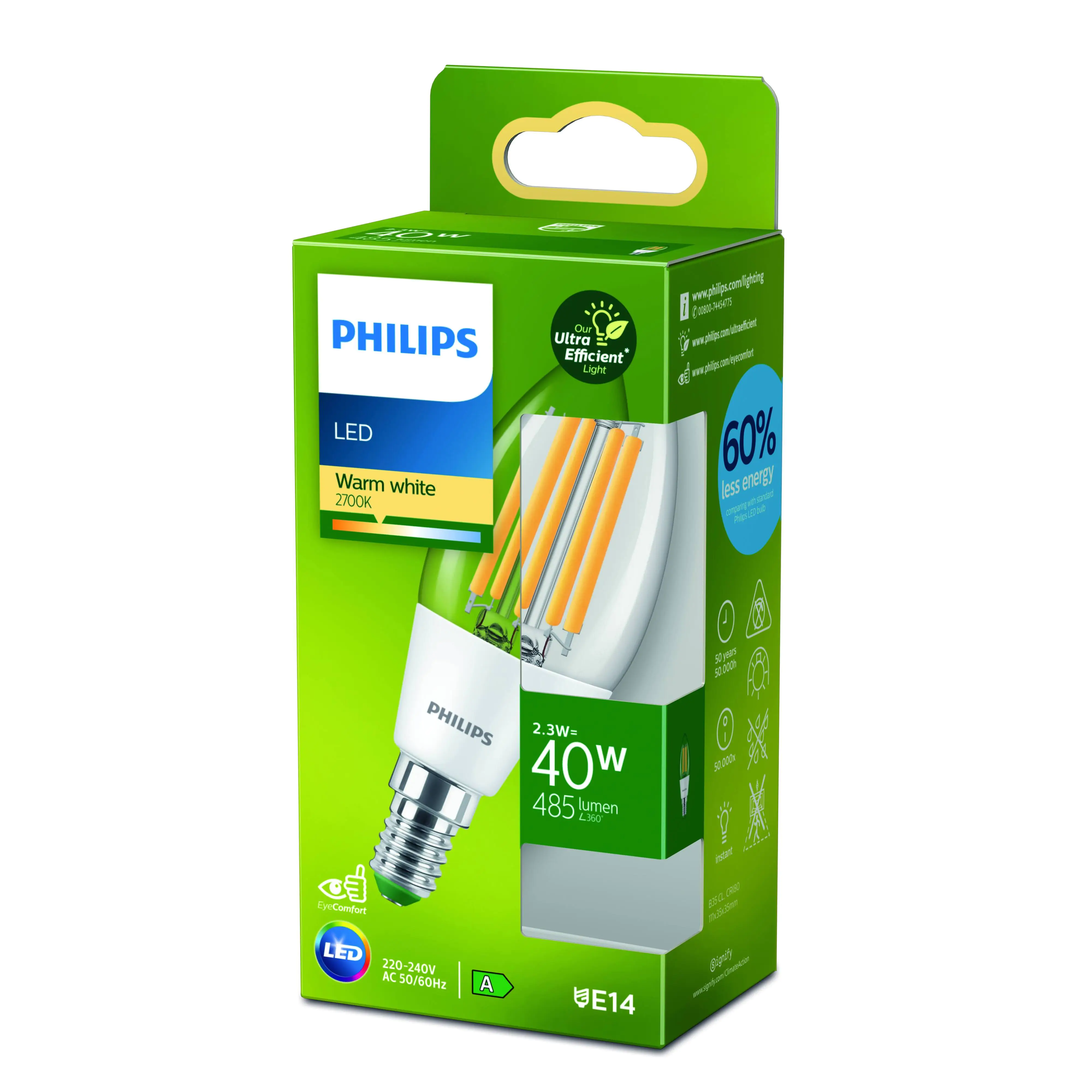 Philips LED-Leuchtmittel Filament Kerzenform B35 E14 2,3W warmweiß